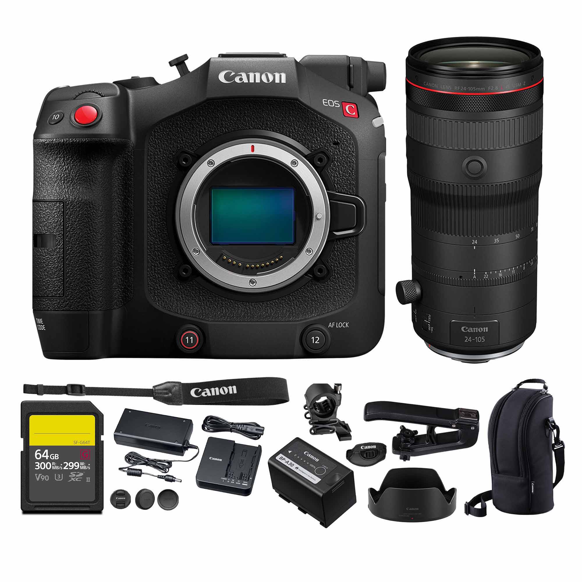 Canon EOS C24-105mm f/2.8L IS II USM Lens  
Canon 64GB SD Card (300MB/s, V90)  
Canon Battery Charger  
Canon Battery  
Canon Lens Hood  
Canon Lens Cap  
Canon Camera Strap  
Canon Camera Bag  
Canon Remote Control  
Canon USB Cable  
Canon AC Adapter