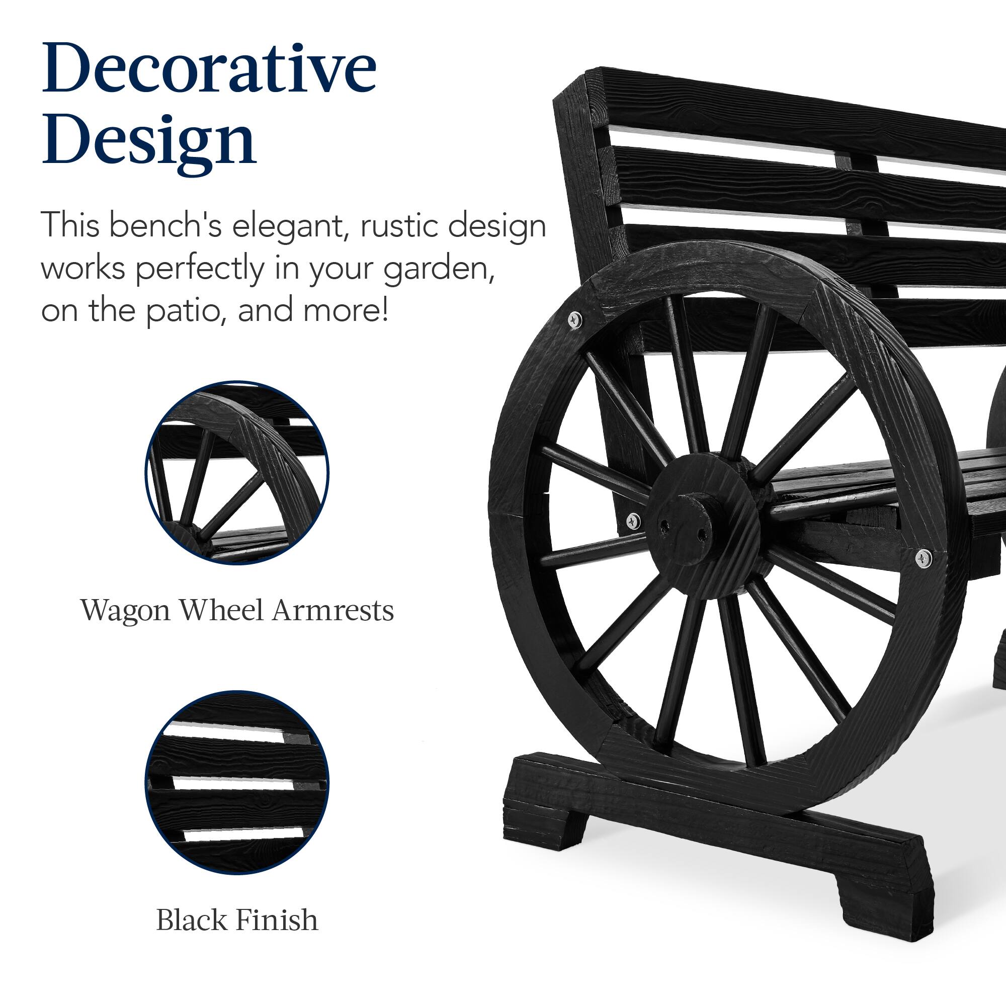 Decorative Design

This bench's elegant, rustic design works perfectly in your garden, on the patio, and more!

Wagon Wheel Armrests

Black Finish