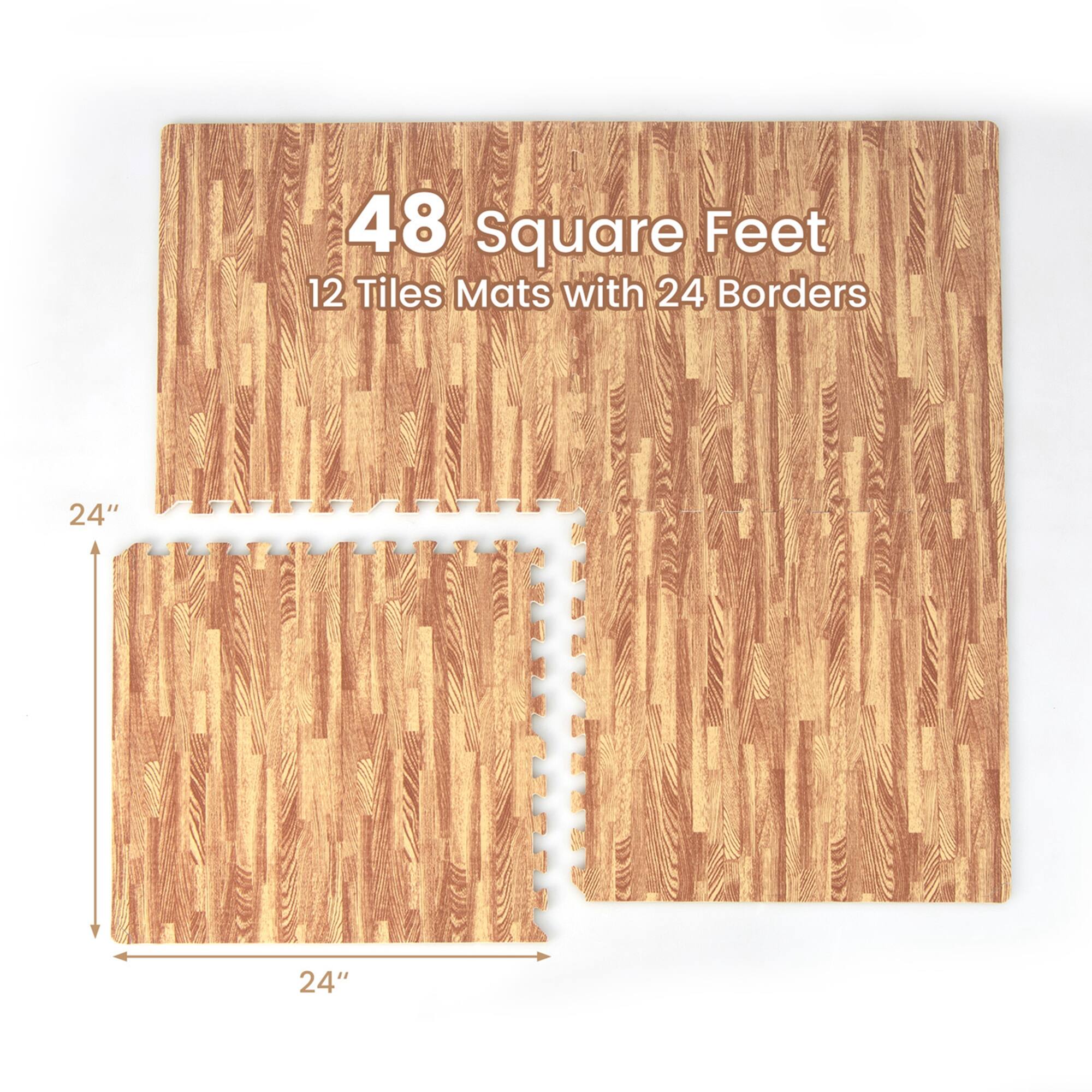 48 Square Feet  
12 Tiles Mats with 24 Borders  
24" x 24"