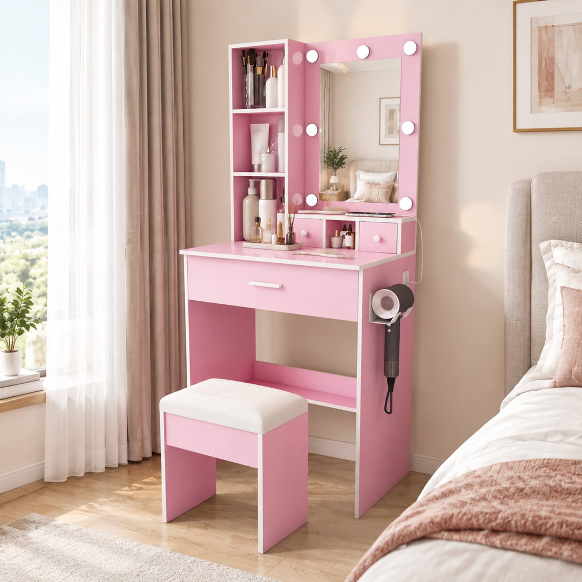 Angle. RYHNUYNE - Pink Vanity Table with Lighted Mirror, Adjustable LED Lights, Power Outlet, Hairdryer Holder, Stool, Compact Dressing - Pink.