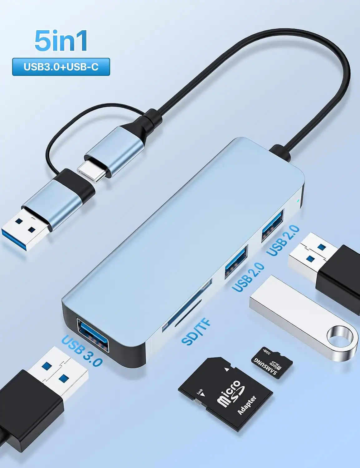 5in1 USB3.0+USB-C  
USB 3.0  
USB 2.0  
SD/TF  
SAMSUNG micro Adapter
