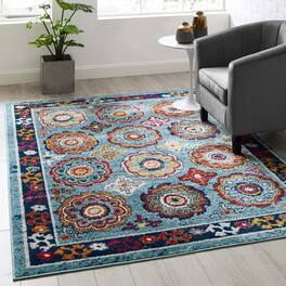 Modway - Entourage Odile Distressed Floral Moroccan Trellis Area Rug - Blue Red Orange Yellow