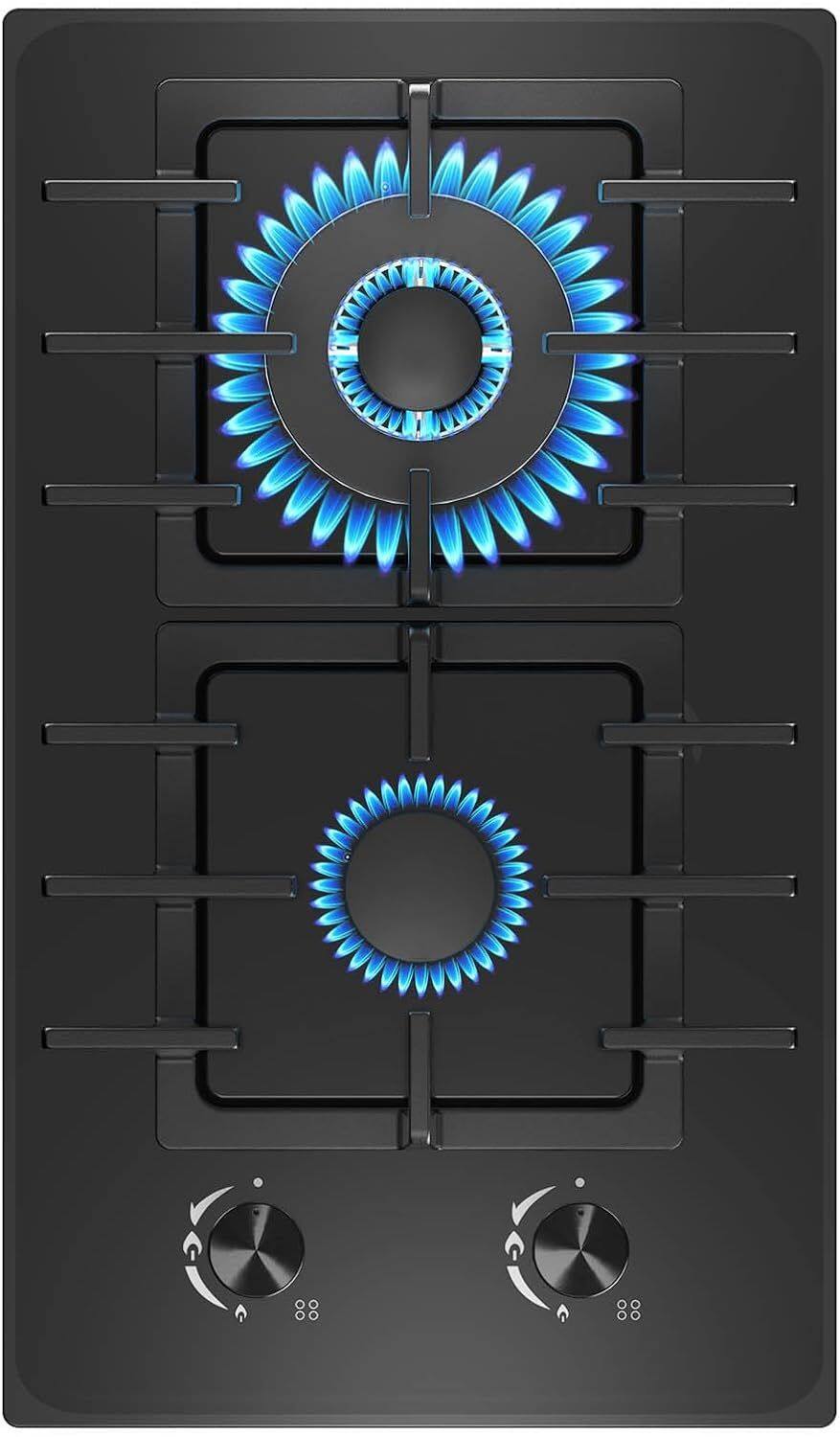 Angle. COWLOWN - 12in Gas Cooktop 2 Burners Tempered Glass Stainless Steel Built-in Dual Fuel NG/LPG Thermocouple Protected - Silver.