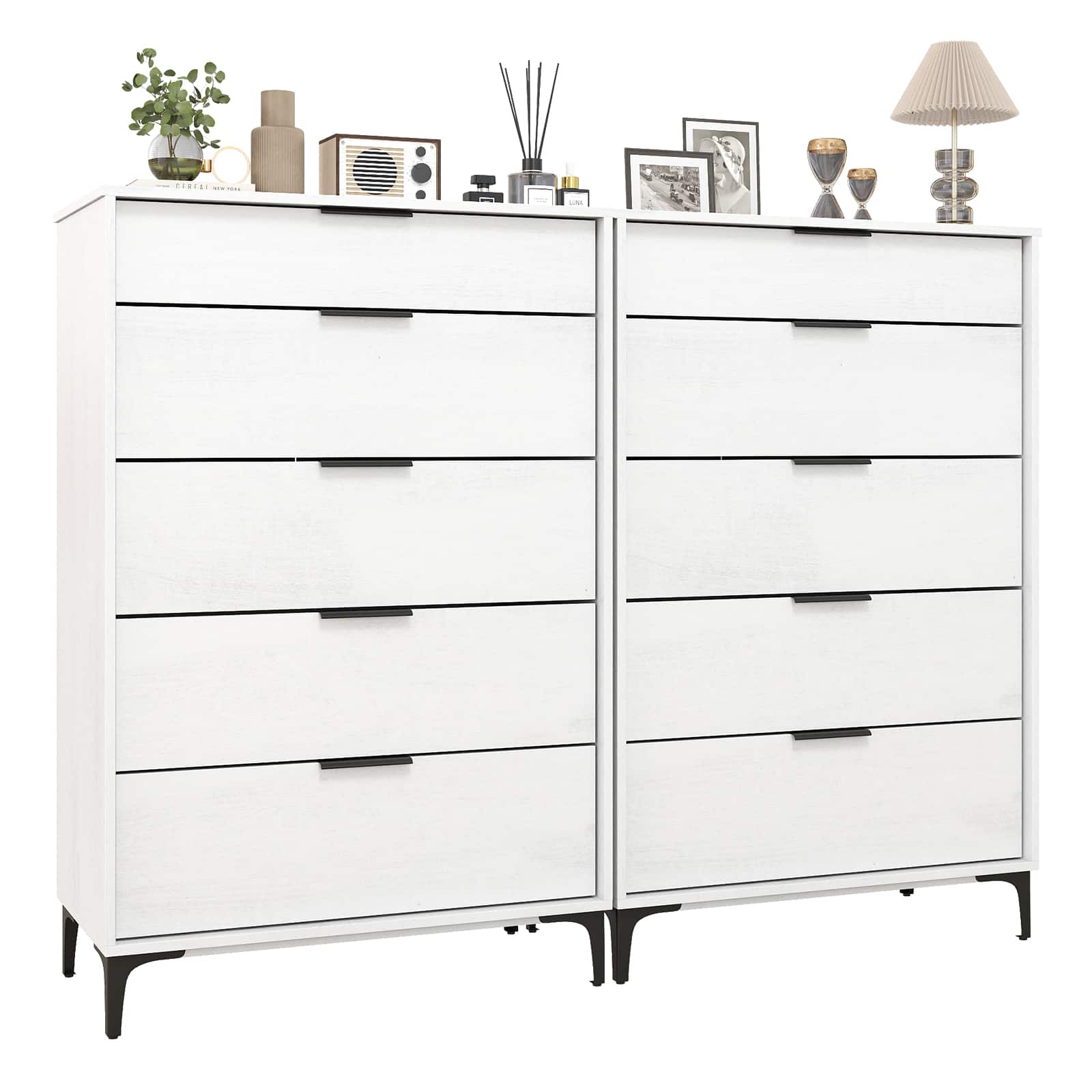 Gymax - 2PCS Freestanding 5-drawer Dresser w/Sturdy Metal Legs Interlock System - White