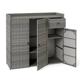 WELLFOR - Outdoor PE Wicker Storage Cabinet with 3 Doors and Adjustable Shelves and Drawer - Gray