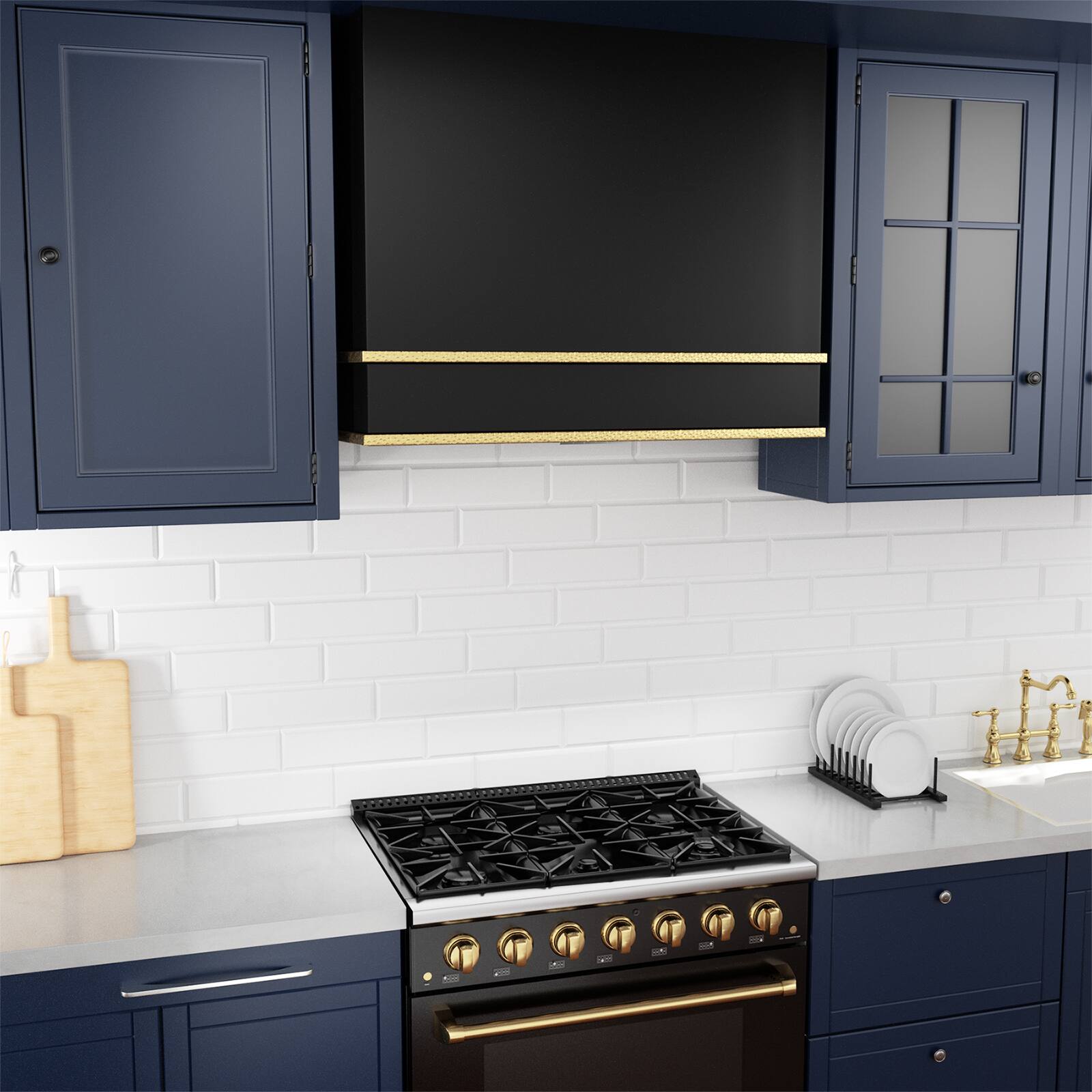 Alt View 4. Akicon - Akicon 36 in Stainless Steel Range Hood with Powerful Vent Motor, 600 CFM, 3 Speed, Wall Mount, in Black with Gold - Black with Gold.