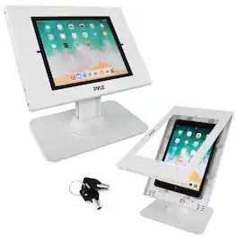 Pyle - Anti Theft Tablet Security Stand - Table Mount Desktop Ipad Kiosk Stand w/Lock and Key Mechanism, 90° Rotate 75° Tilt - White