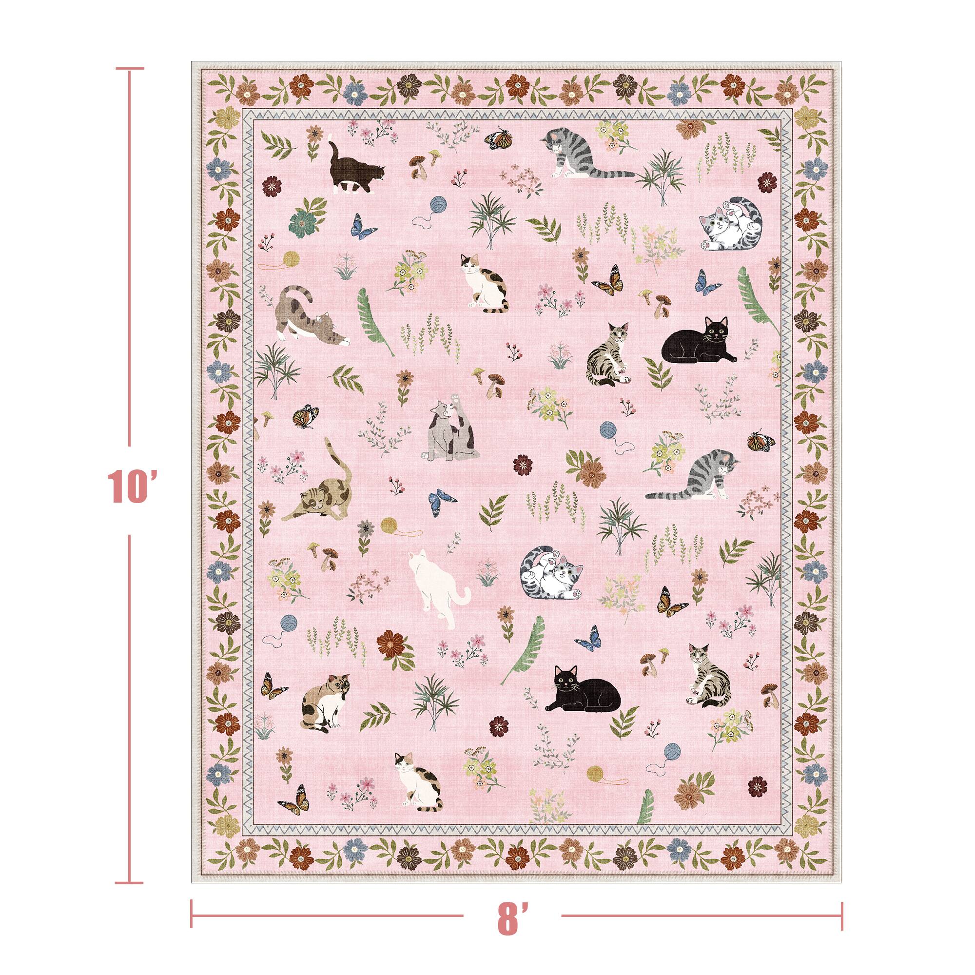 Alt View 1. KERDOM - 8x10' Extra Large Area Rug, Cat-Themed Floral Carpet for Living Room & Master Bedroom, Rubber Backing, Machine Washable - Pink.