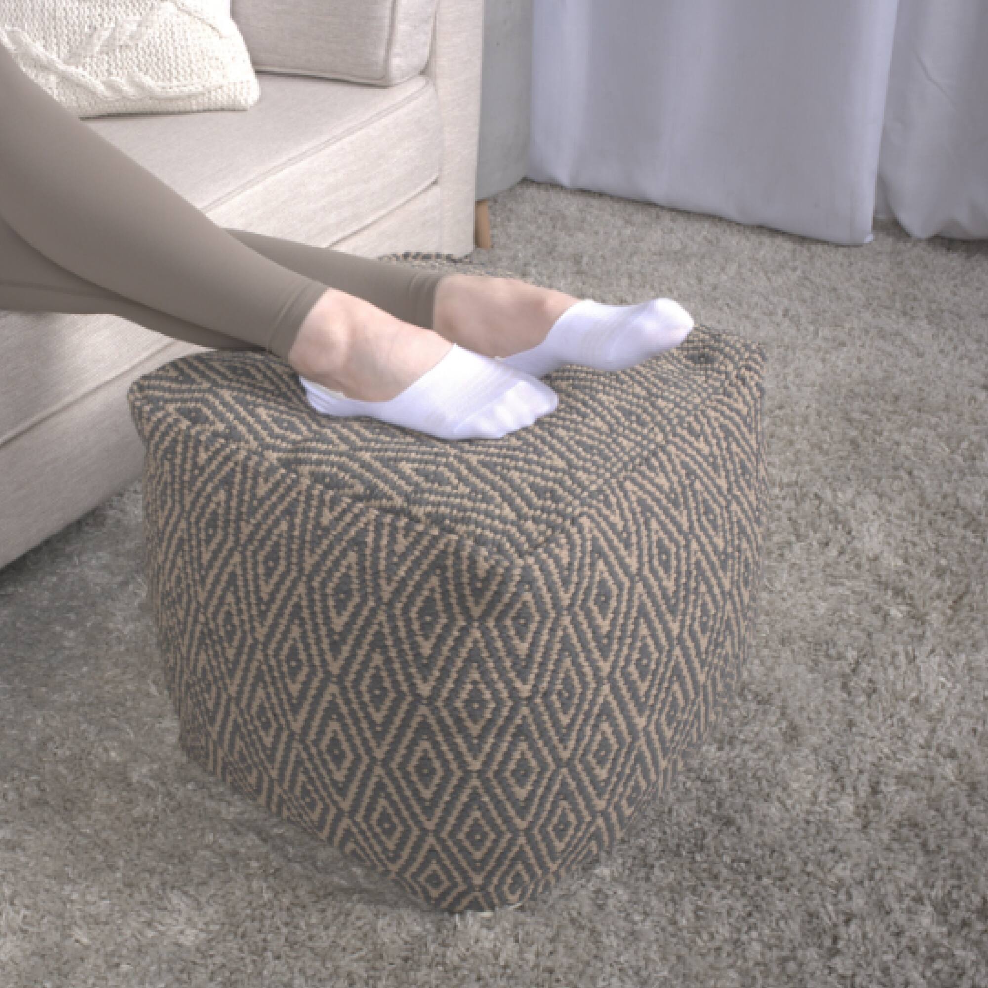 Left. GOODSILO - Hand-Loomed Cotton Pouf with Diamond Pattern in Neutral Tones - Grey+Brown.