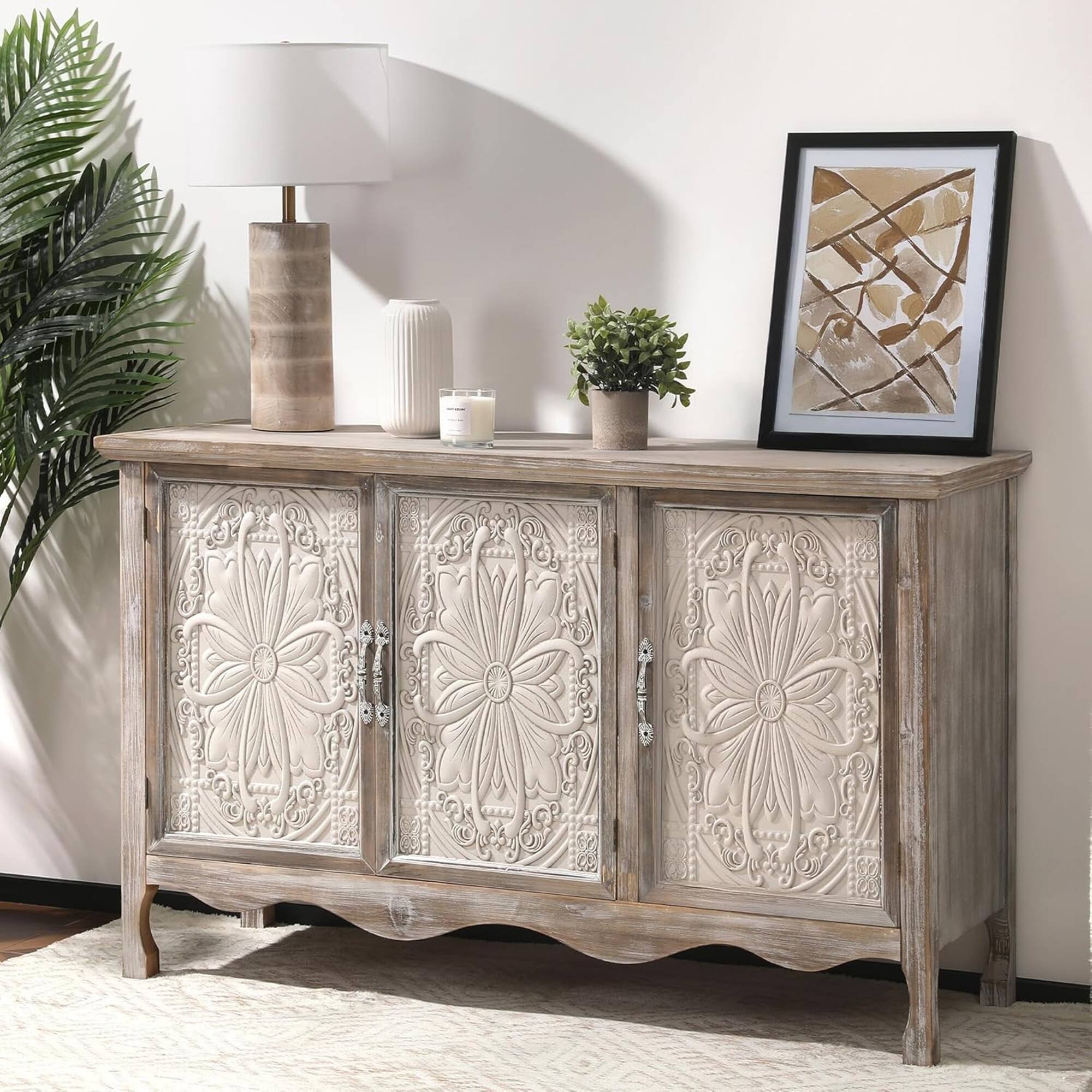 Front. RoyalCraft - RoyalCraft Farmhouse Buffet Cabinet Solid Wood Sideboard Storage Table, Gray - Wash Grey.