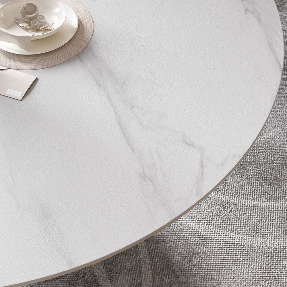 Back. POVISON - 47" Modern Round White Dining Table for 4, Matte Sintered Stone Tabletop, Solid Black Carbon Steel Base - Matte White Sintered Stone & Black Steel Base.
