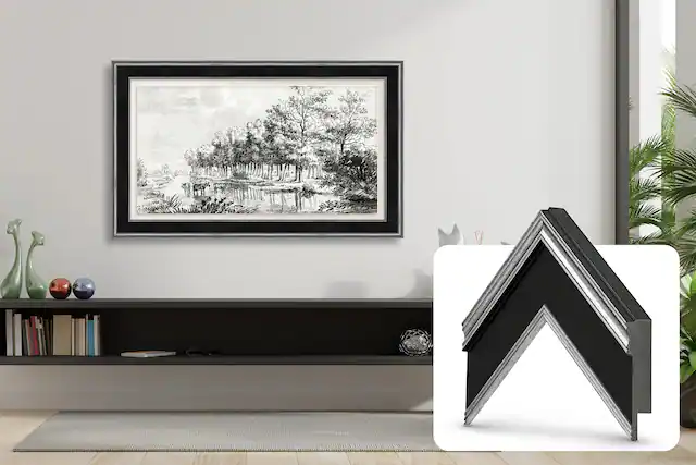 Front. Deco TV Frames - Premiere Bezel for Samsung the Frame TV - 75" - Antique Silver & Black.