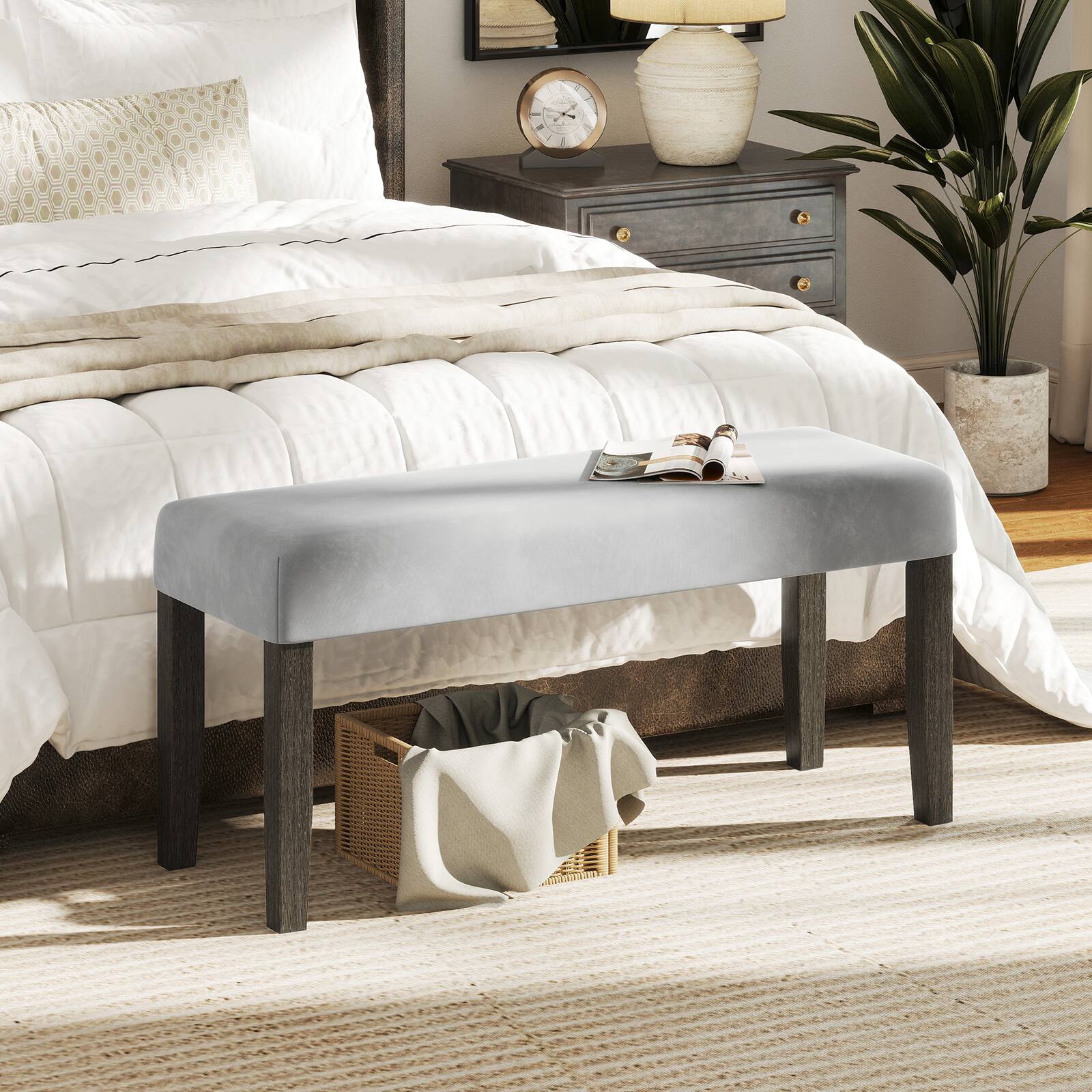 Alt View 3. Gymax - Gymax Upholstered Bedroom Bench w/Padded Seat & Solid Wood Legs for Dining Room - Grey.