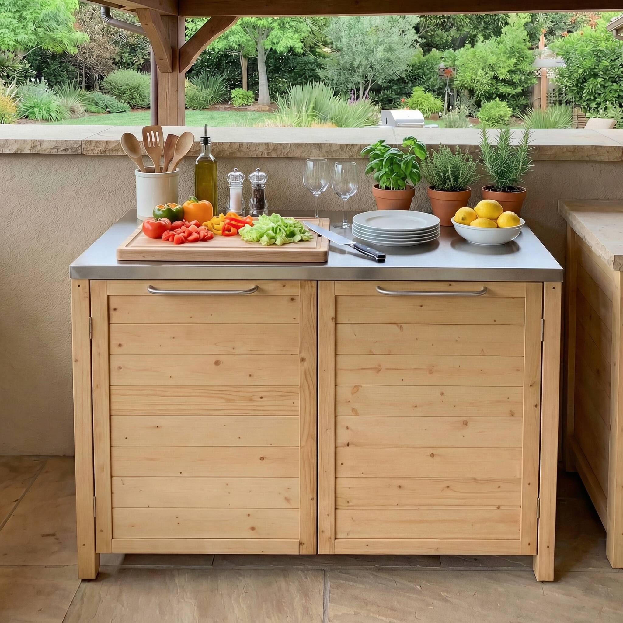 Alt View 2. Famapy - Modular Solid Cedar Outdoor Kitchen Cabinets - All-Weather Storage with Stainless Steel Top for Patio, Grill Station - Wooden.