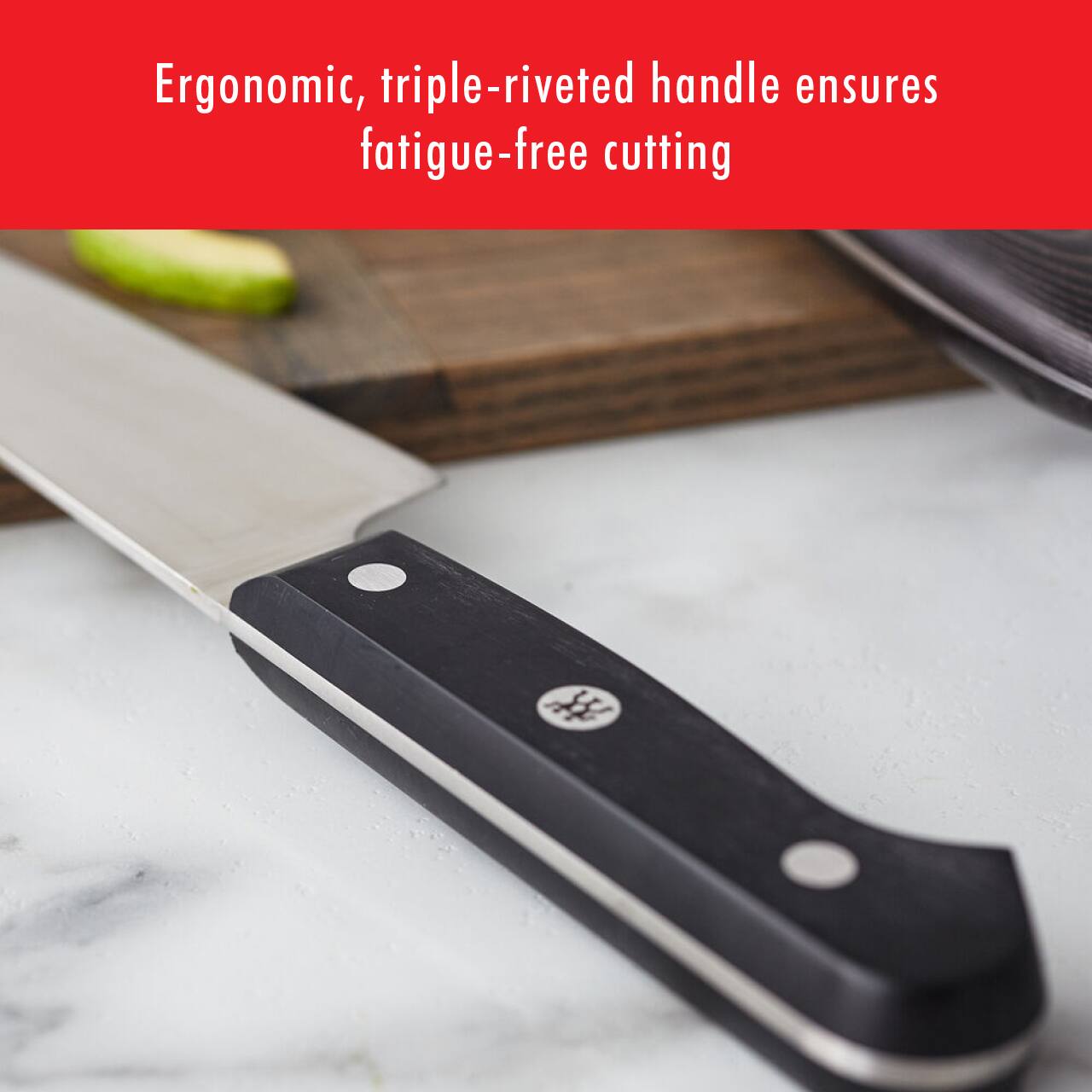 Ergonomic, triple-riveted handle ensures fatigue-free cutting