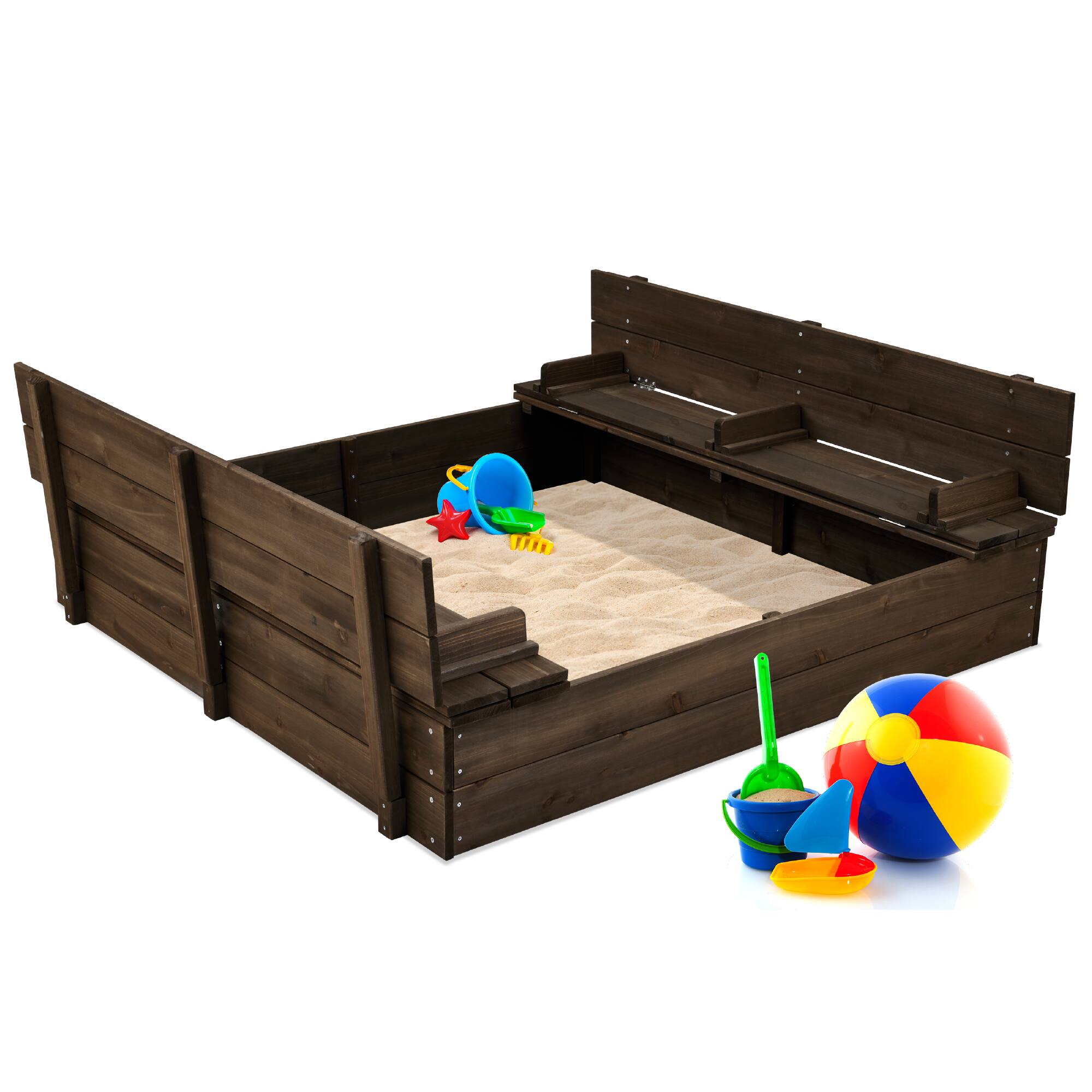 Front. Best Choice Products - Best Choice Products Large Outdoor Wooden Sandbox for Kids with Cover and Bench Seats Support up to 220 lbs - Espresso - Espresso.