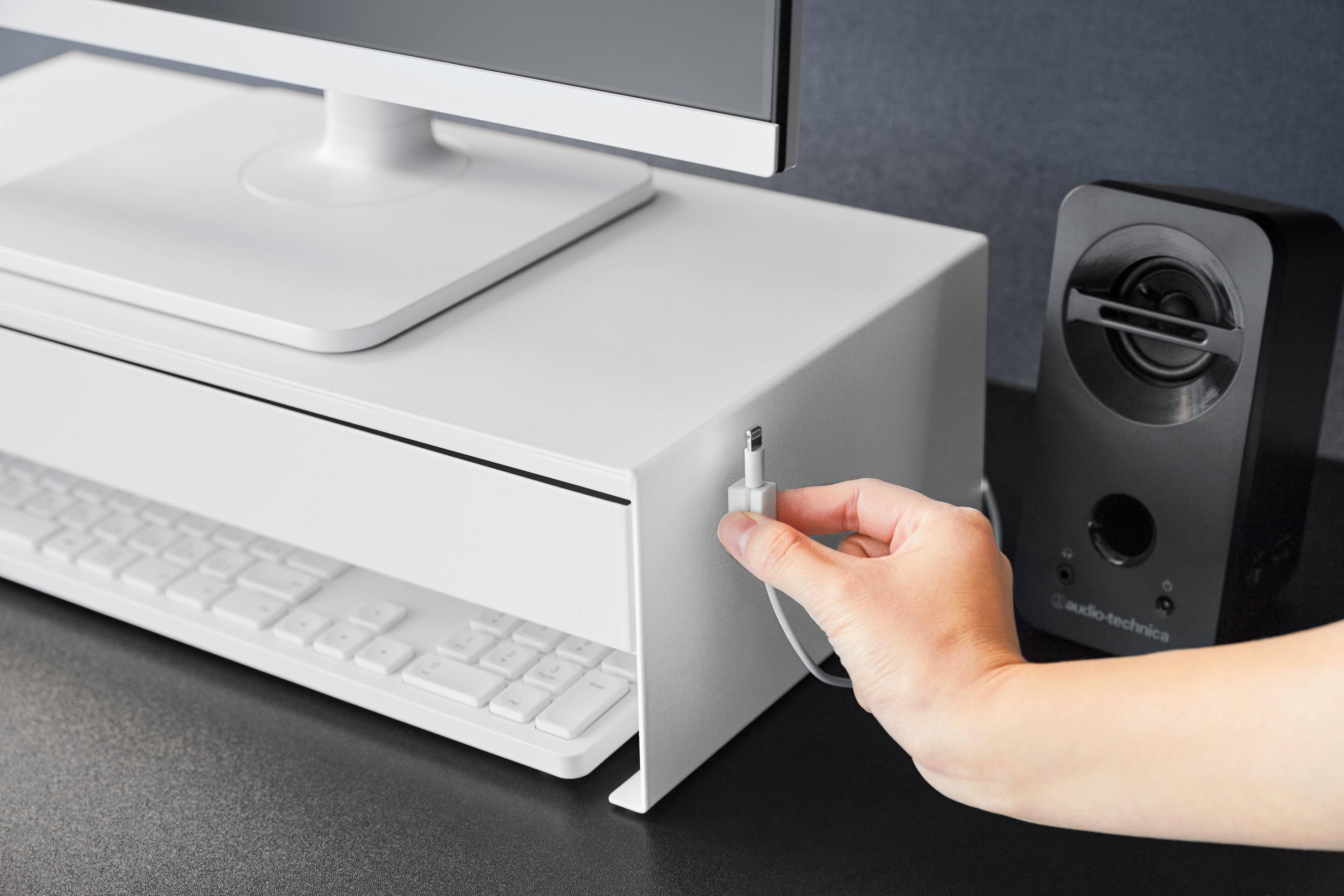 Alt View 1. Yamazaki Home - Monitor Stand With Drawer - Steel - White.