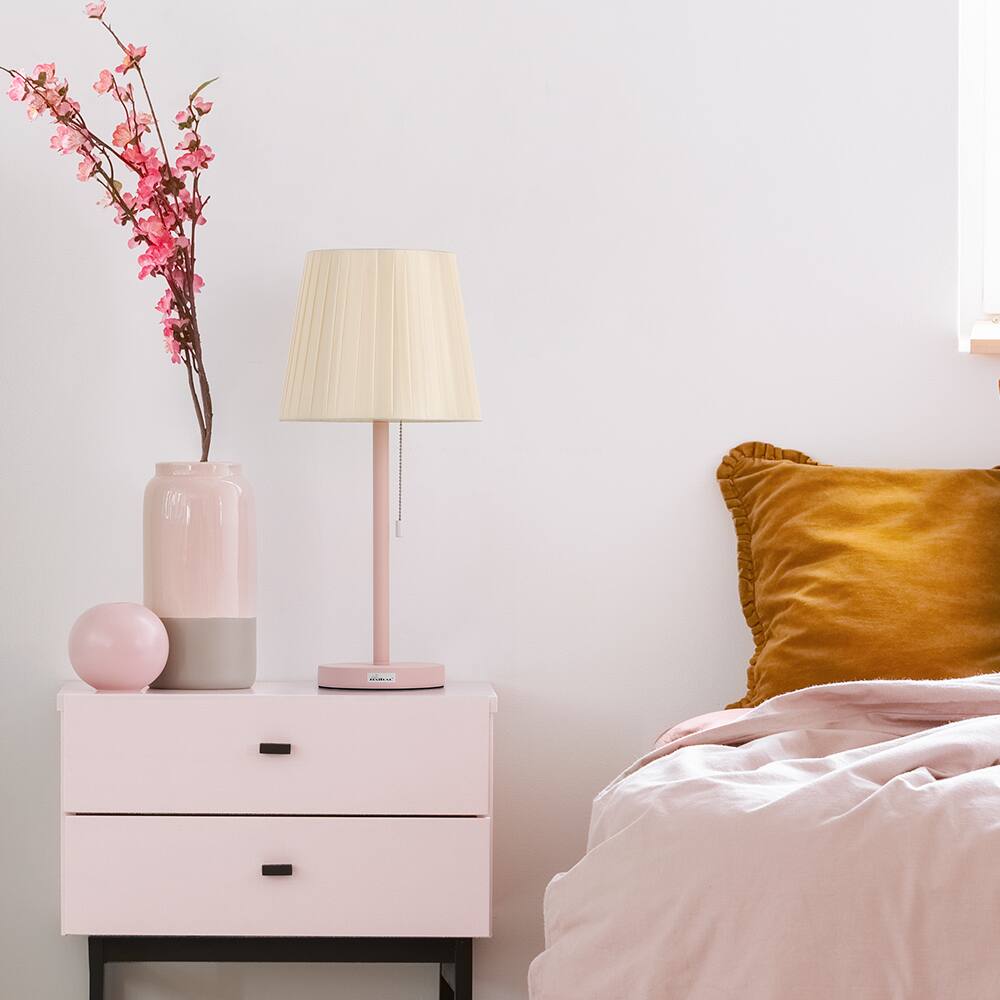 Back. Oumilen - Pink Base Pleated Fabric Table Lamp with Pull Chain Switch, E26 Socket & UL Plug.