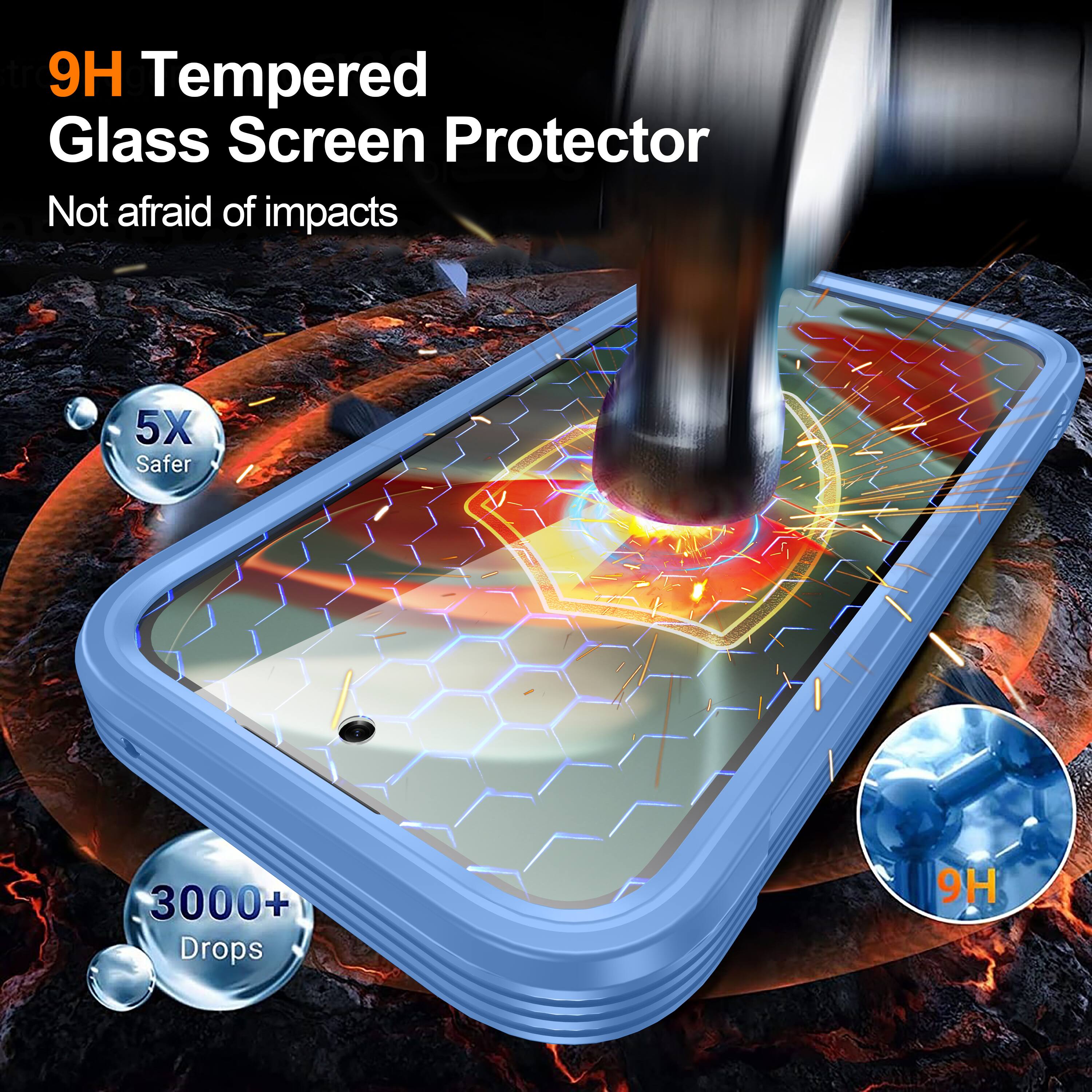 9H Tempered Glass Screen Protector  
Not afraid of impacts  
5X Safer  
3000+ Drops  
9H