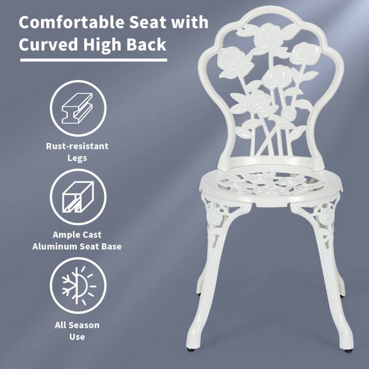 Comfortable Seat with Curved High Back  
Rust-resistant Legs  
Ample Cast Aluminum Seat Base  
All Season Use