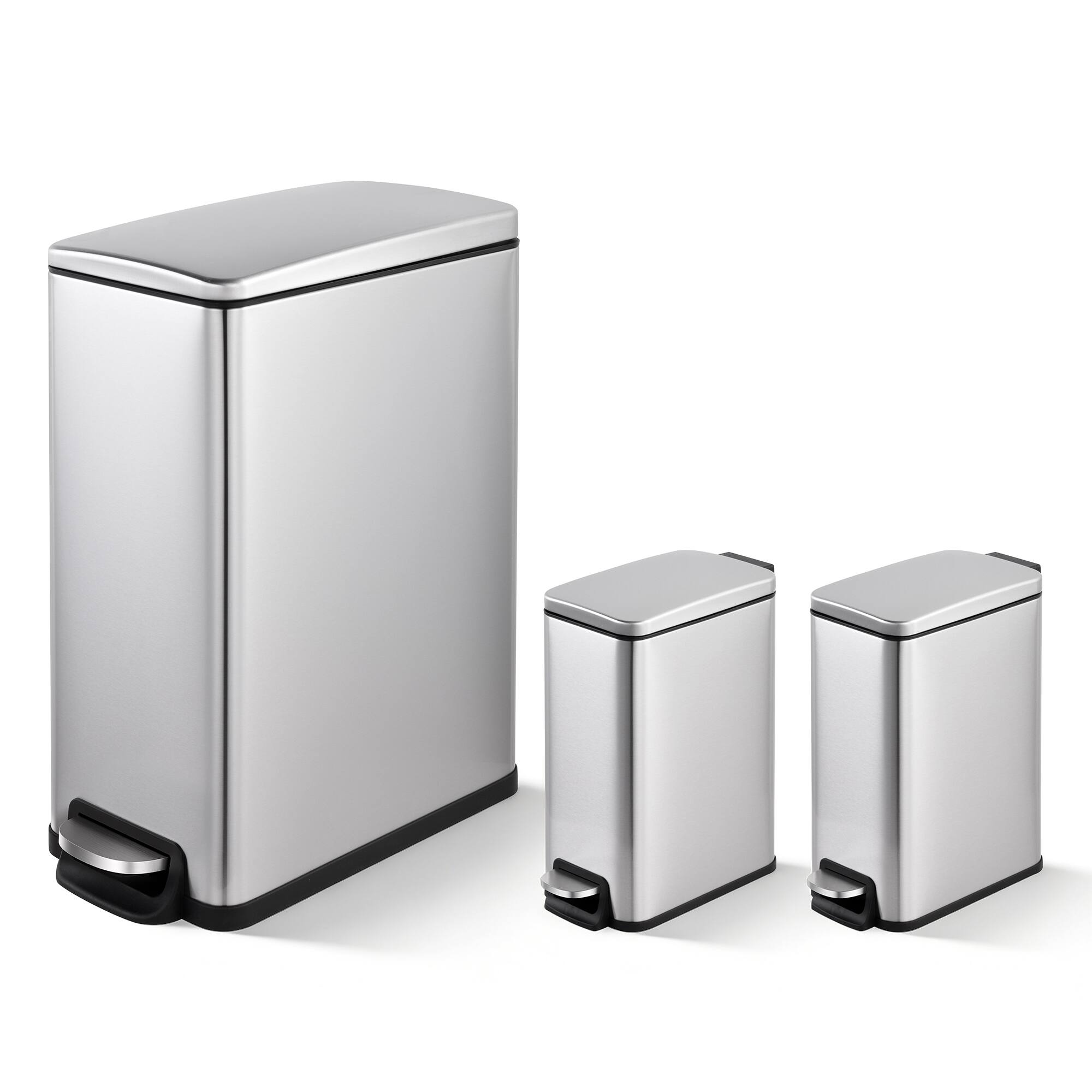 Alt View 4. Innovaze - 11.9 Gallon/ 45 Liter + Two 1.6 Gallon/6 Liter Rectangular Step-on Trash Can Set For Bathroom and Kitchen - Sliver.