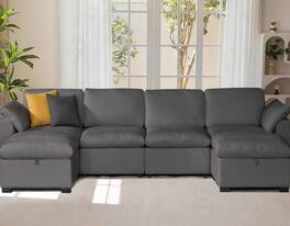 Dyonery - 160" U Shaped Couch with Storage Ottoman, Down-Filled Wide Deep Seat, Solid Wood Frame, Tool Free, Gray - Linen Gray