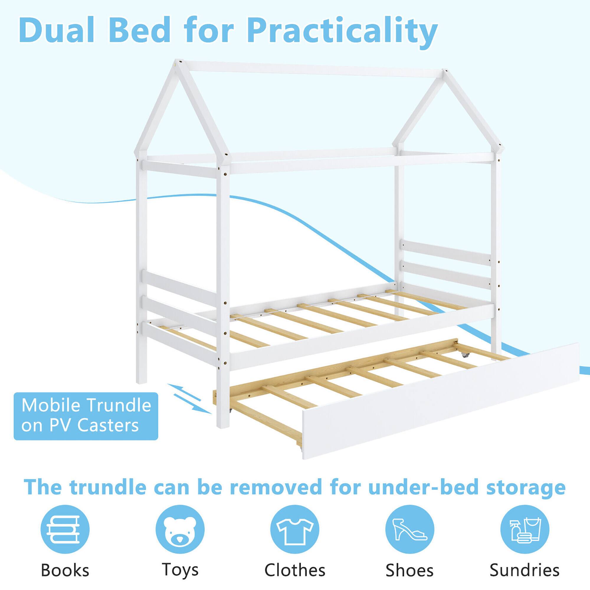 Dual Bed for Practicality

Mobile Trundle on PV Casters

The trundle can be removed for under-bed storage

Books  
Toys  
Clothes  
Shoes  
Sundries