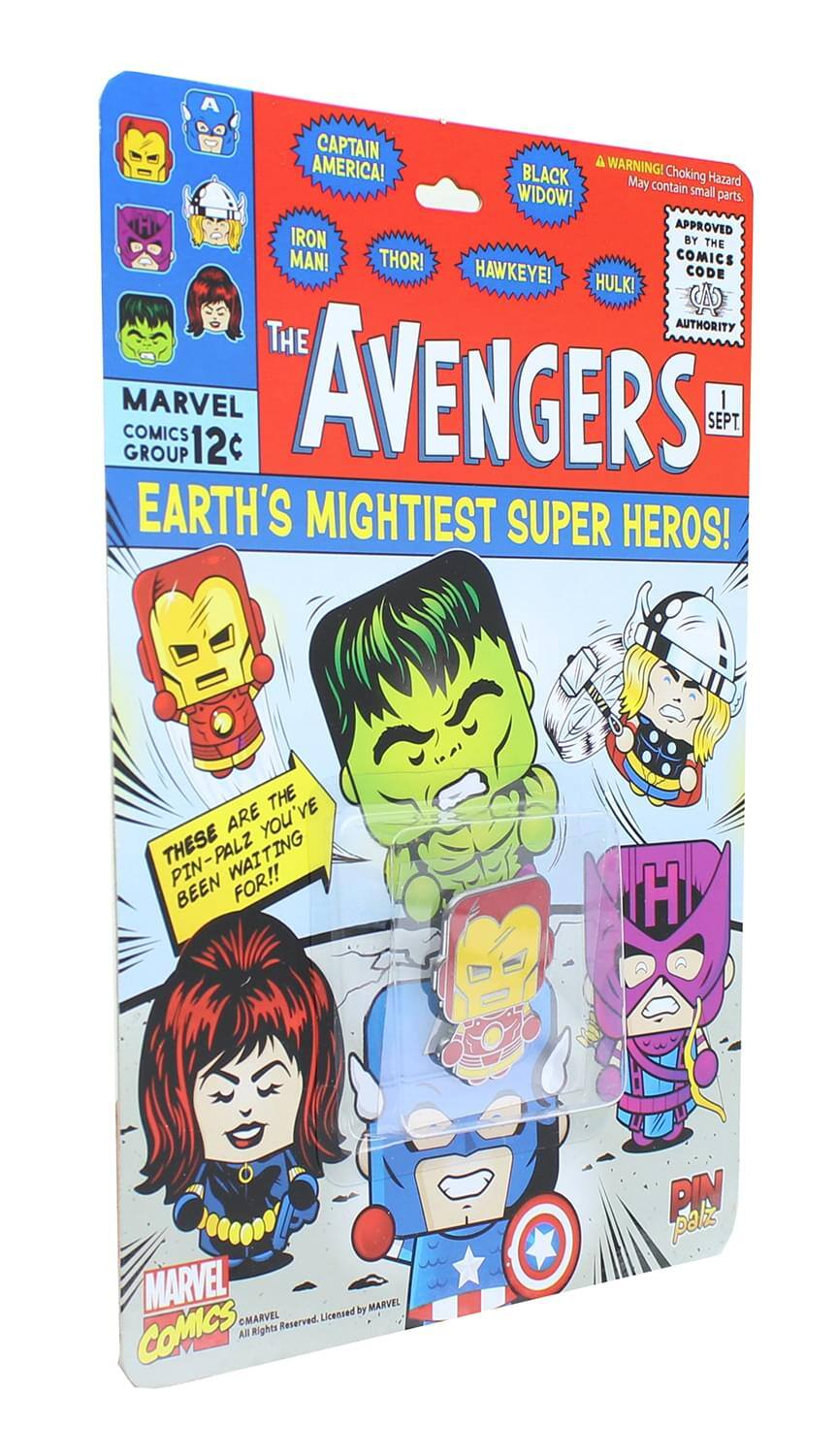 Sure, here is the corrected and grouped text from the image:

---

**Top Left Corner:**
- CAPTAIN AMERICA!
- IRON MAN!
- THOR!
- HAWKEYE!
- HULK!
- BLACK WIDOW!

**Top Right Corner:**
- WARNING: Choking Hazard - Small parts. Not for children under 3 years.
- APPROVED BY THE COMICS CODE AUTHORITY

**Main Title:**
- THE AVENGERS

**Subtitle:**
- EARTH'S MIGHTIEST SUPER HEROES!

**Bottom Left:**
- MARVEL COMICS GROUP 12¢
- THESE ARE THE PIN-PALZ YOU'VE BEEN WAITING FOR!!

**Bottom Right:**
- PIN palz
- MARVEL
- MARVEL COMICS
- Licensed by MARVEL
- All Rights Reserved.

**Bottom Center:**
- MARVEL COMICS

---