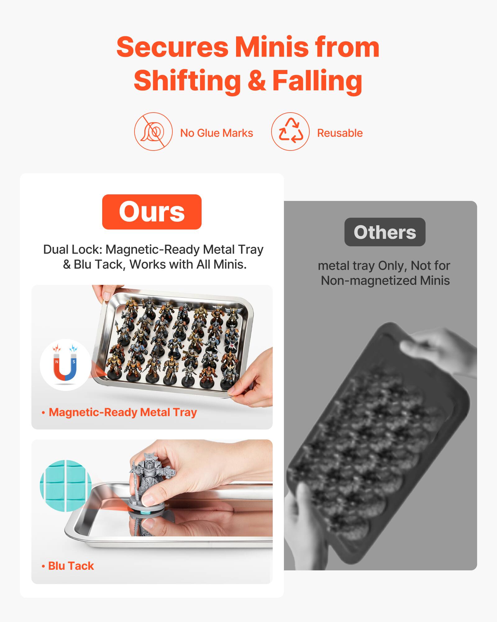 Secures Minis from Shifting & Falling

No Glue Marks

Reusable

Ours

Dual Lock: Magnetic-Ready Metal Tray & Blu Tack, Works with All Minis.

- Magnetic-Ready Metal Tray
- Blu Tack

Others

metal tray Only, Not for Non-magnetized Minis