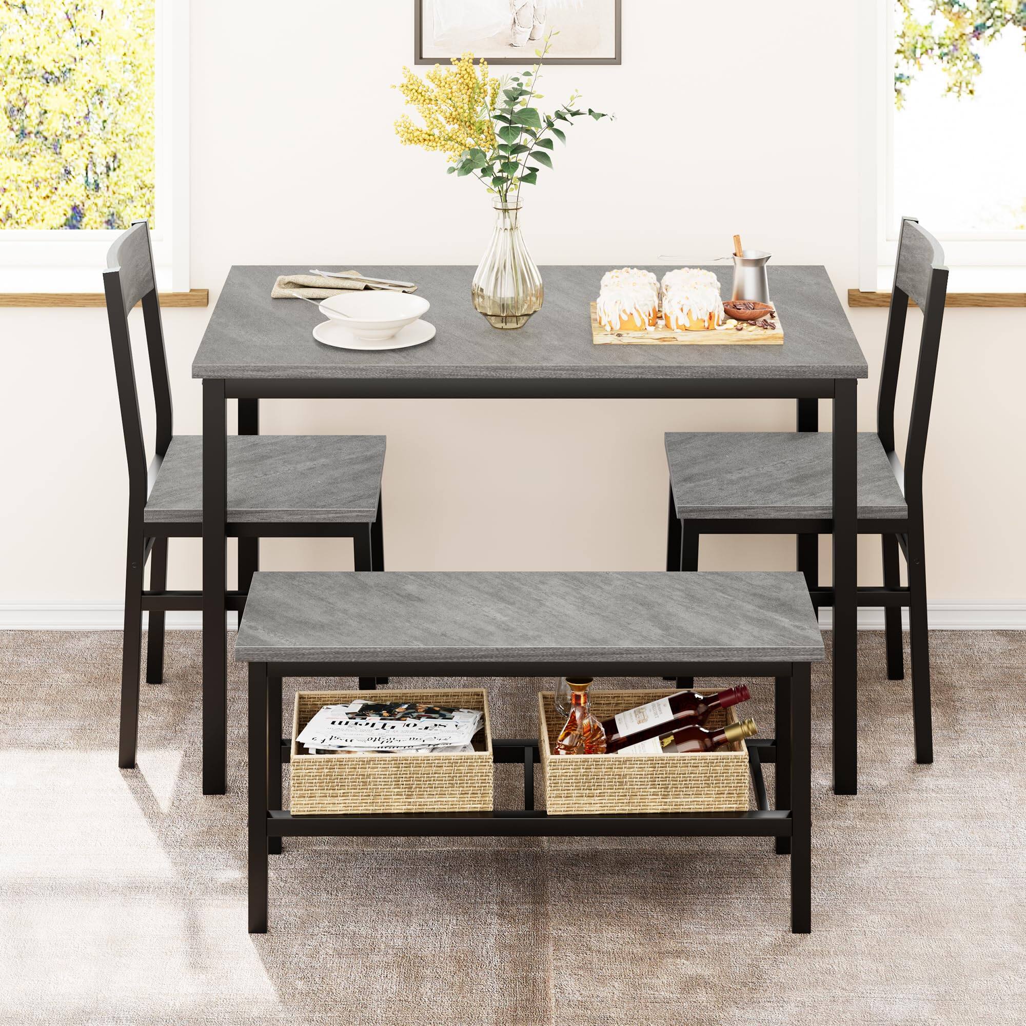 Left. Homhougo - Dining Table Set for 4, Modern Kitchen Table with Chairs and Bench - Gray.