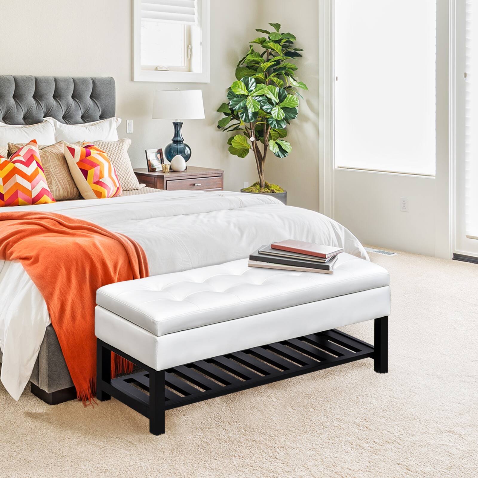 Alt View 1. Homcom - 44" Tufted Faux Leather Ottoman Storage Bench With Shoe Rack - white.