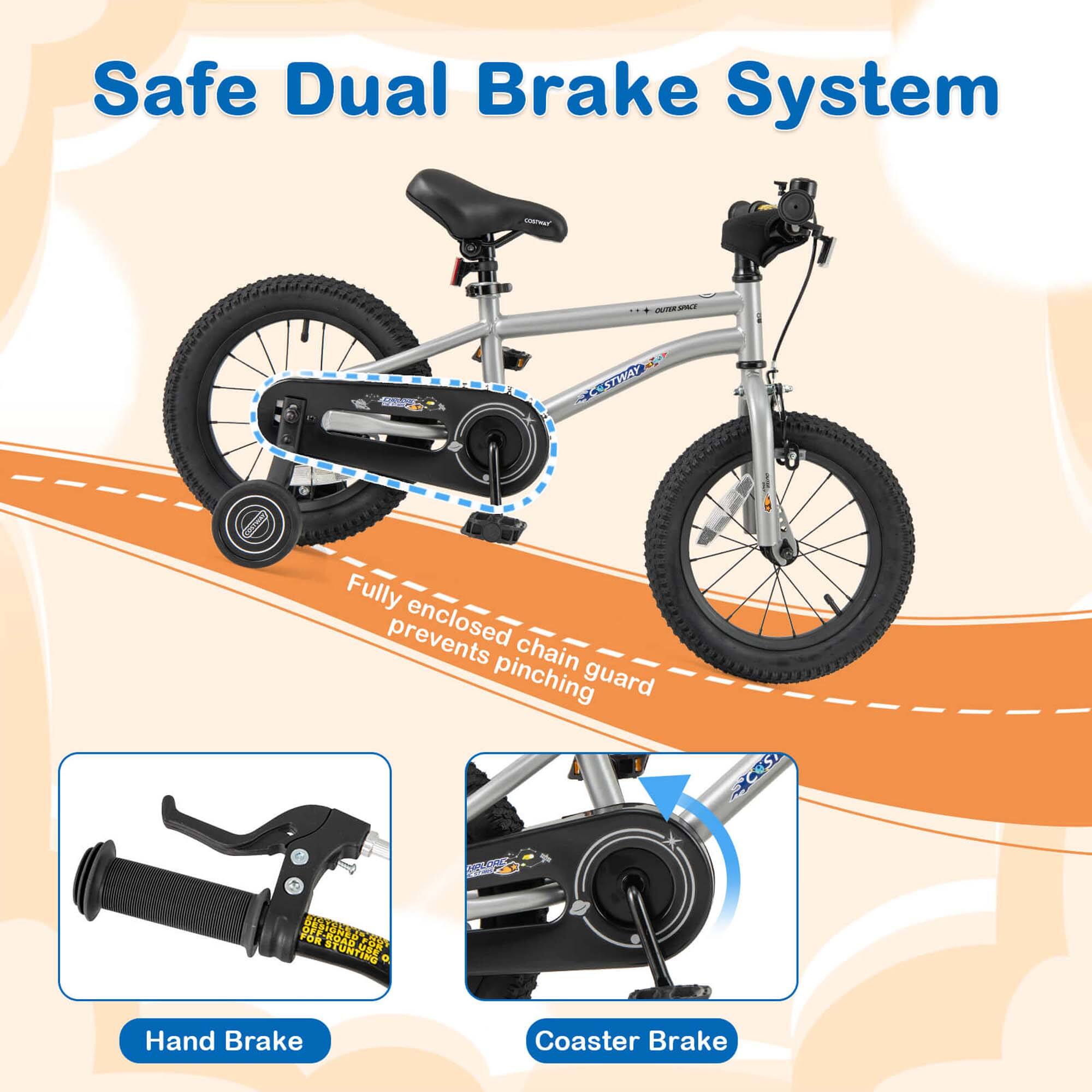Safe Dual Brake System

Fully enclosed chain guard prevents pinching

Hand Brake

Coaster Brake