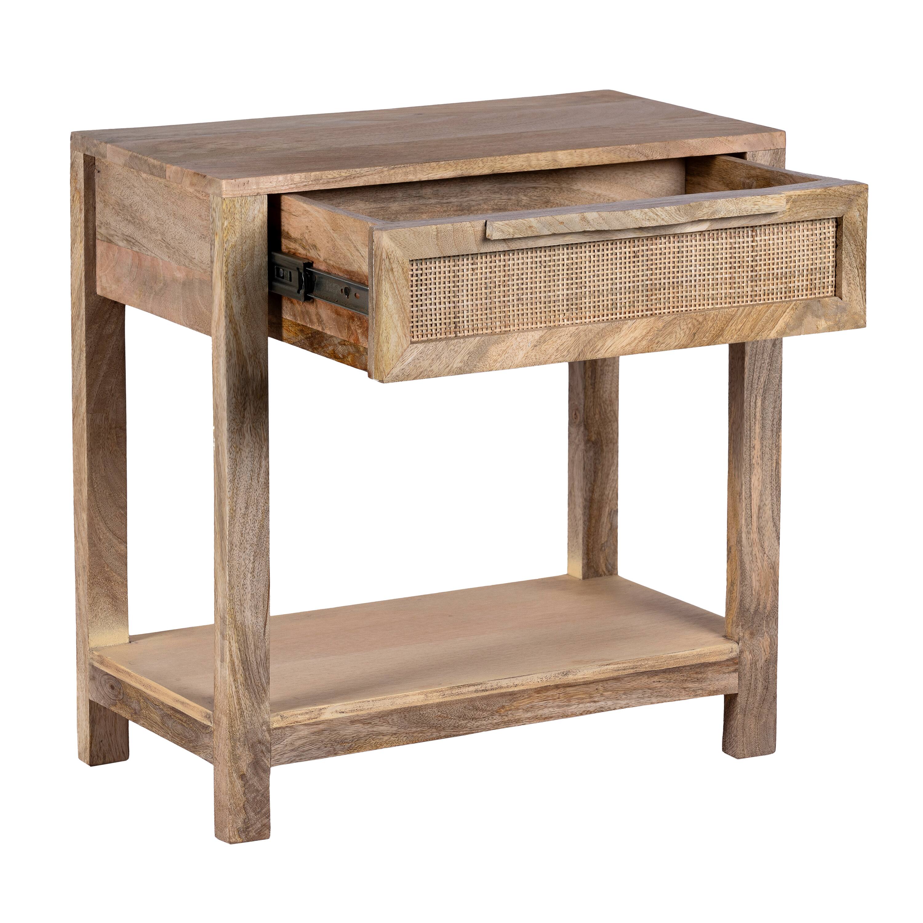 Left. Manhattan Lane - Rosette 22 Inch Accent Side Table, Rattan Front Drawer, Open Shelf, Mango Wood Frame - Brown.