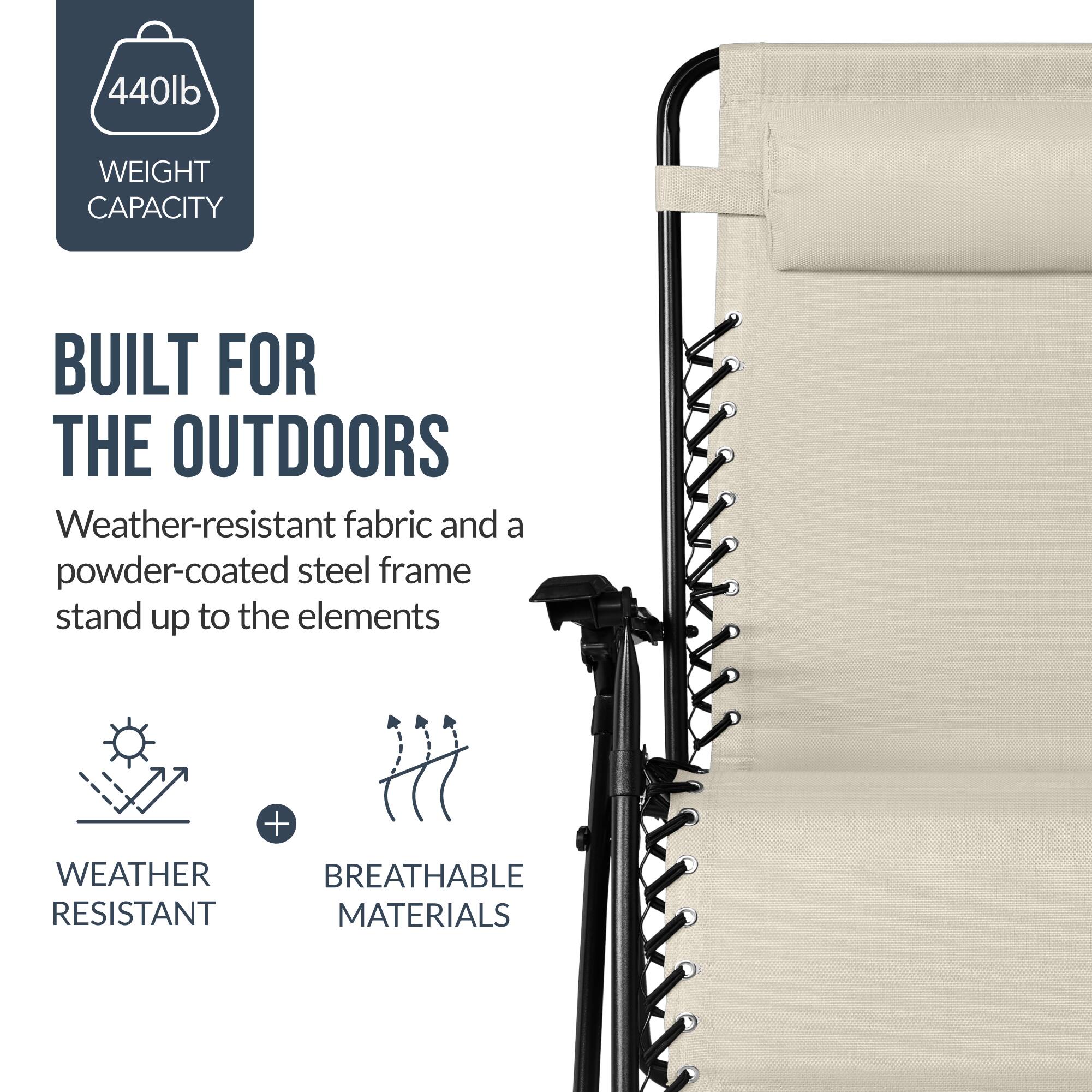 440lb WEIGHT CAPACITY BUILT FOR THE OUTDOORS  
Weather-resistant fabric and a powder-coated steel frame stand up to the elements  
+ WEATHER RESISTANT MATERIALS