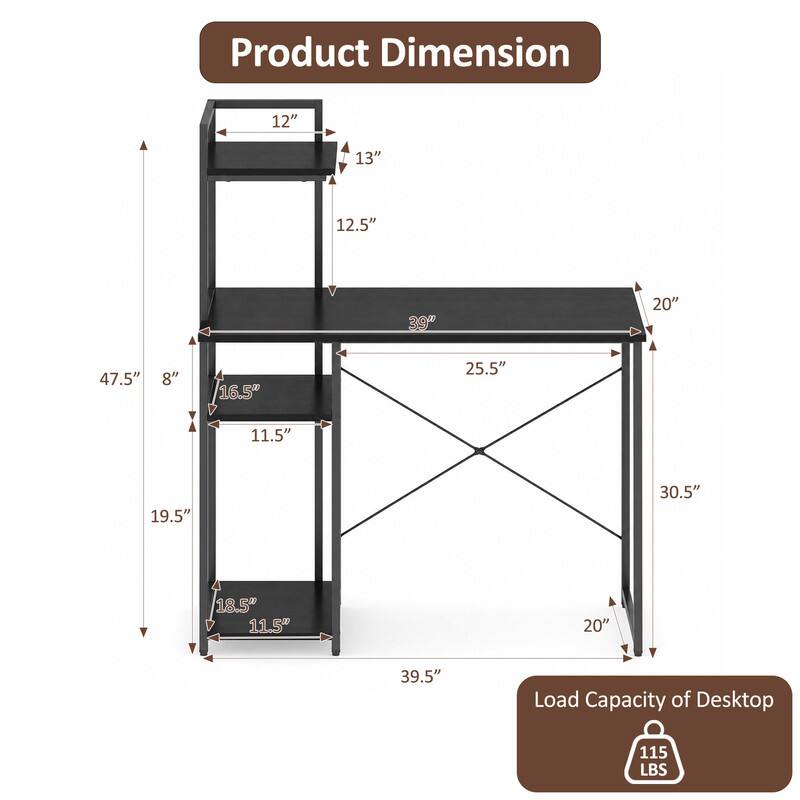 Product Dimension: 12" x 13" x 12.5" x 39" x 20" x 47.5" x 8" x 16.5" x 25.5" x 11.5" x 19.5" x 30.5" x 18.5" x 11.5" x 20" x 39.5"  
Load Capacity of Desktop: 115 LBS