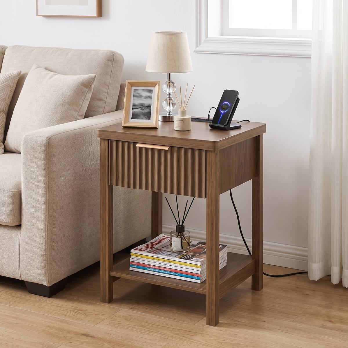 Alt View 1. Loheer - Loheer Fluted Wood Nightstand Set of 2, Walnut Bedside Tables with Charging Station - Walnut.