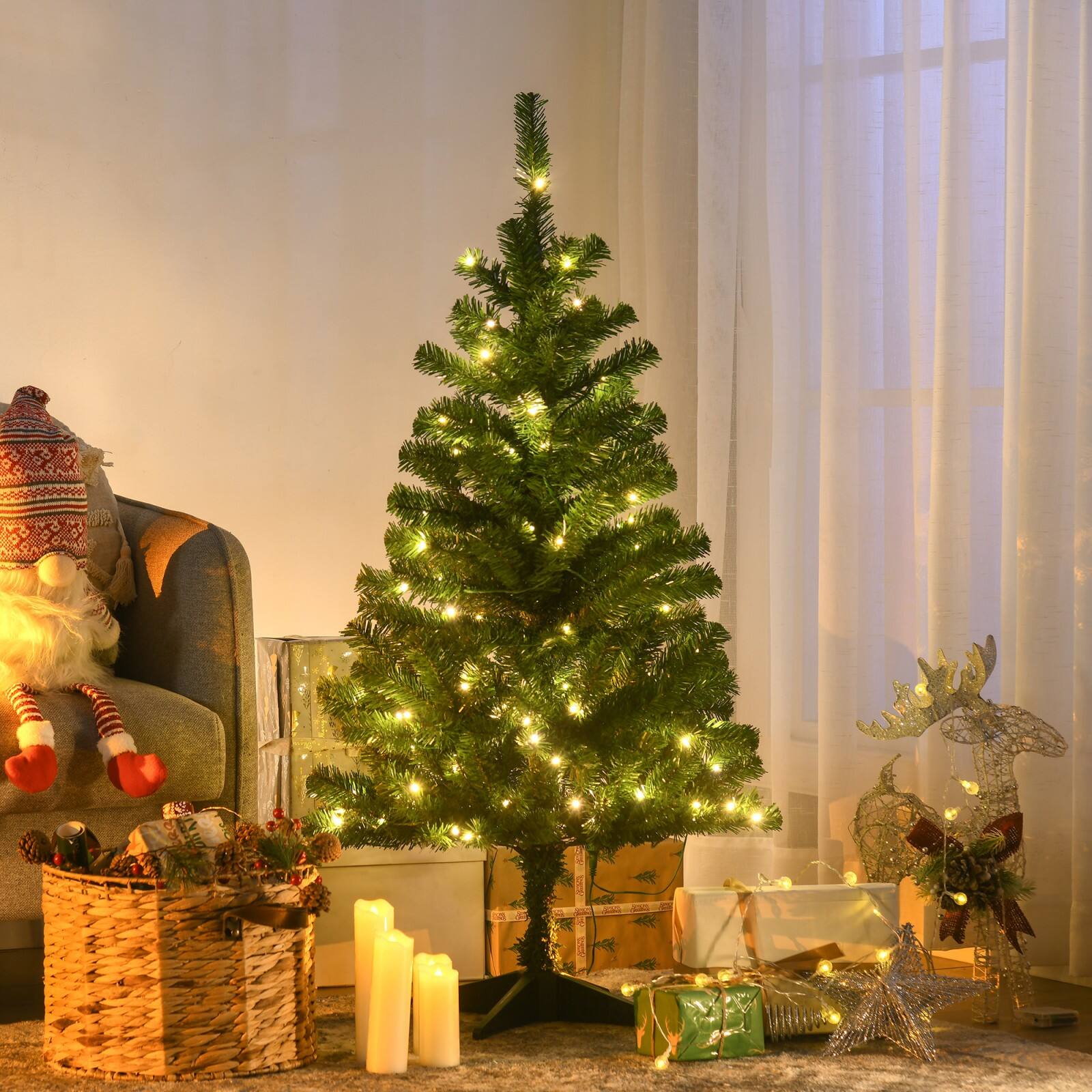 Alt View 1. Ecooso - 4ft Tall Prelit Artificial Christmas Tree Holiday Décor， 208 Branches, 100 Warm White or Colorful LED Lights, Auto Open - Green.