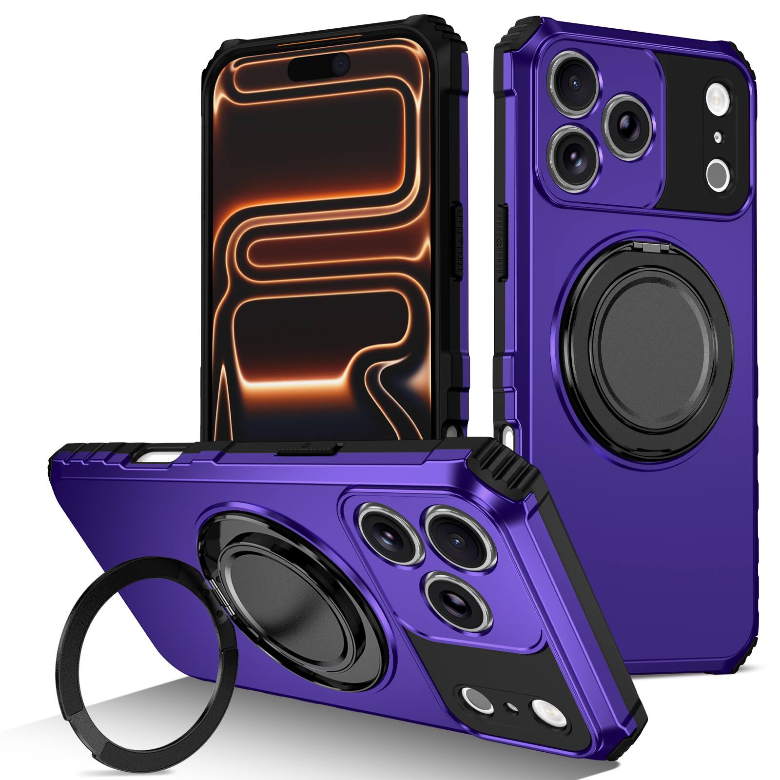 Front. Dteck - for Apple iPhone 18 Pro Max Dual-Layer Rugged Case,Shock-absorbent Kickstand Hard Shelll,360 Rotating Ring Back Cover - Purple.