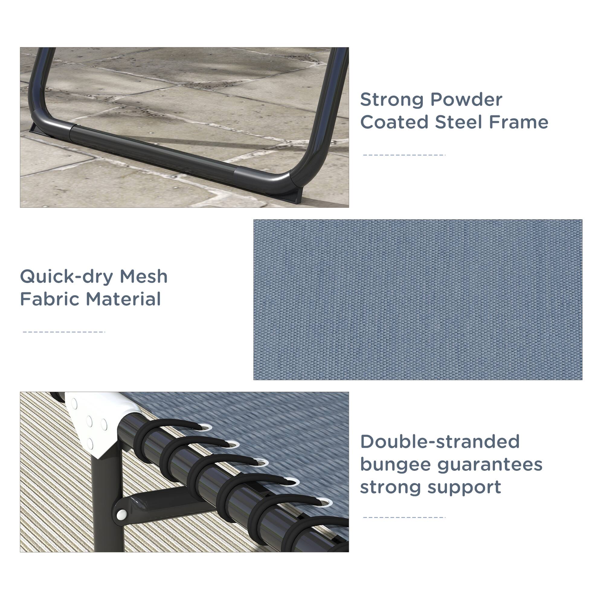 Strong Powder Coated Steel Frame, Quick-dry Mesh Fabric Material, Double-stranded bungee guarantees strong support