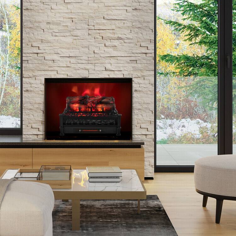 Left. SlickBlue - Electric Heater Fireplace with Realistic Pinewood Ember for Cozy Ambience - Black.