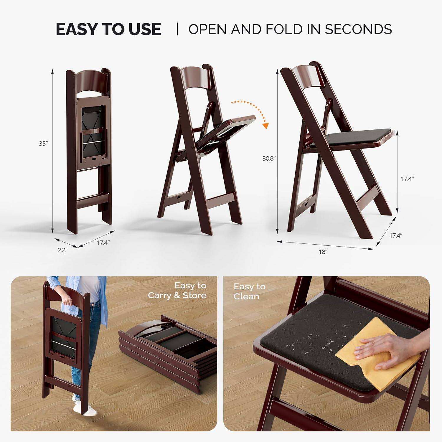 EASY TO USE  
OPEN AND FOLD IN SECONDS

35"  
30.8"  
17.4"  
22"  
17A  
18"  
17A

Easy to Carry & Store  
Easy to Clean