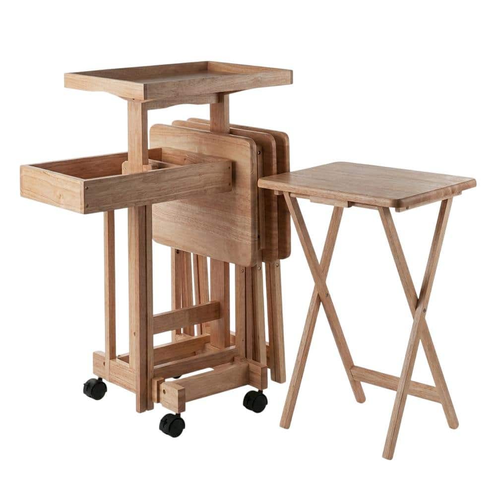 FurniFact - Wood 6 Piece TV Trays Set With Folding Snack Tables And Mobile Stand - Natural