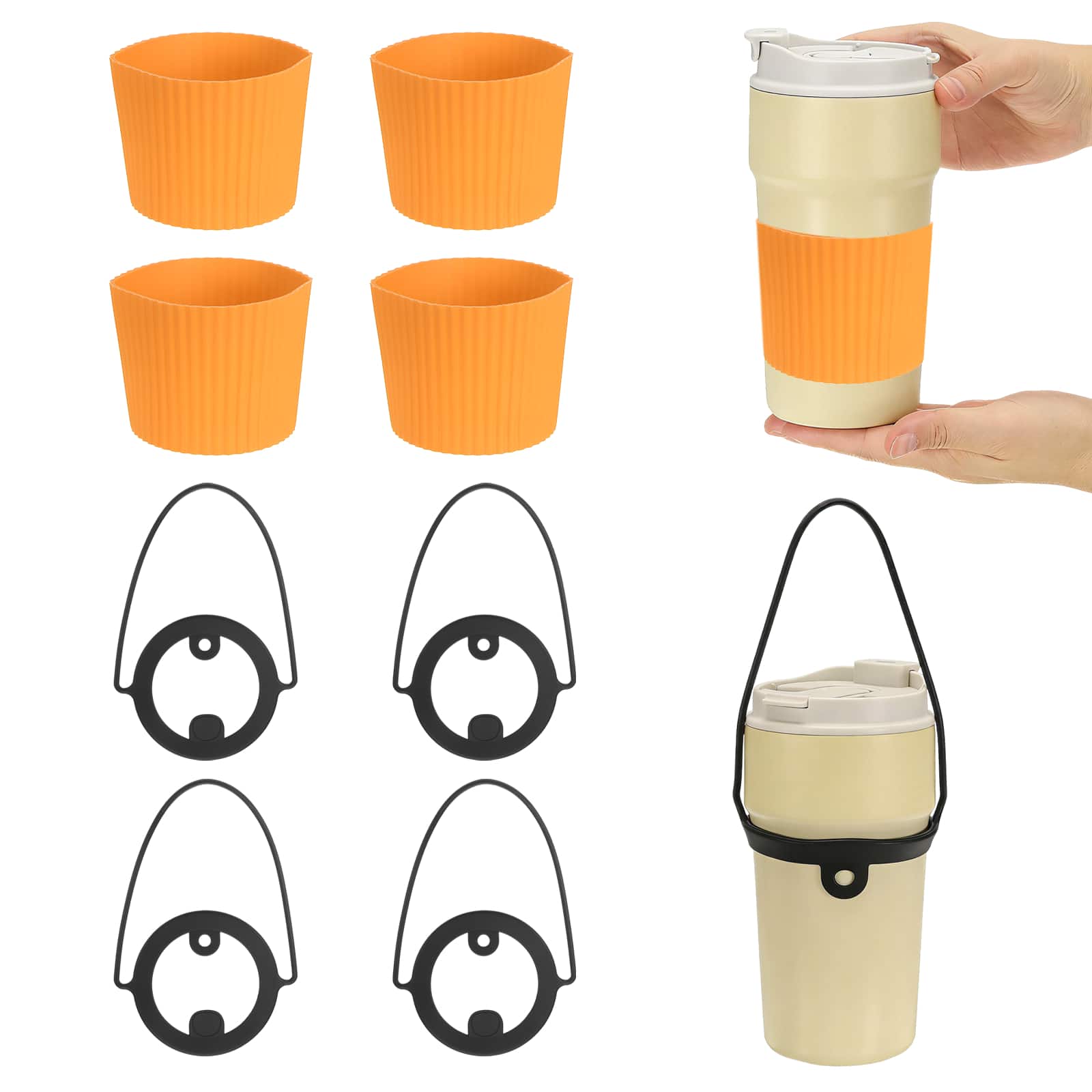 Unique Bargains - Silicone Cup Sleeve, 4pcs Coffee Sleeves with Black Handle Strap, Heat Resistant Reusable Nonslip for Coffee Tea Drinks - Orange price history on PriceWatchPro
