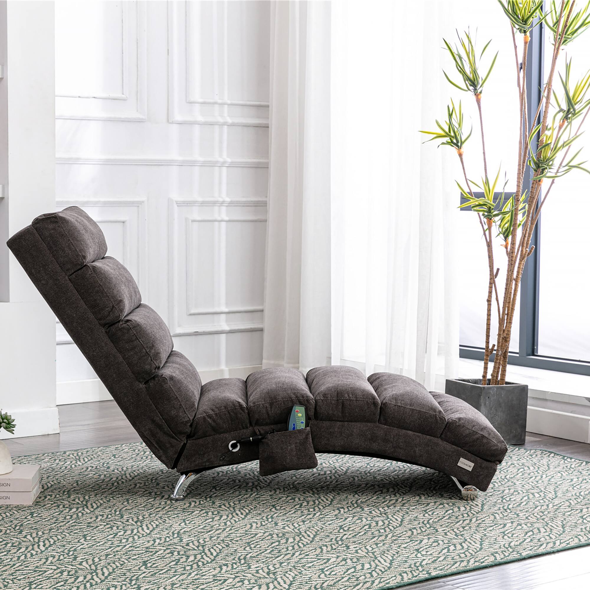 Back. Trinkets Crazed - Linen Massage Chaise Lounge Indoor with Remote Control,Ergonomic Electric Massage Long Lounger with 5 Modes - Dark Gray.