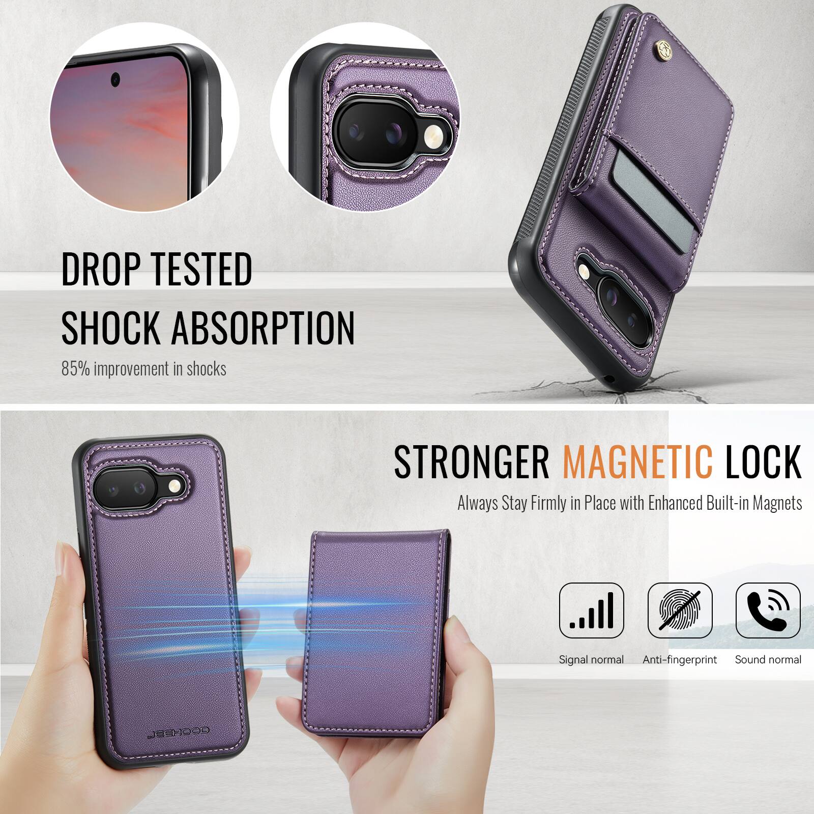 DROP TESTED SHOCK ABSORPTION  
85% improvement in shocks  

STRONGER MAGNETIC LOCK  
Always Stay Firmly in Place with Enhanced Built-in Magnets  

Signal normal  
Anti-fingerprint  
Sound normal  

JE1000