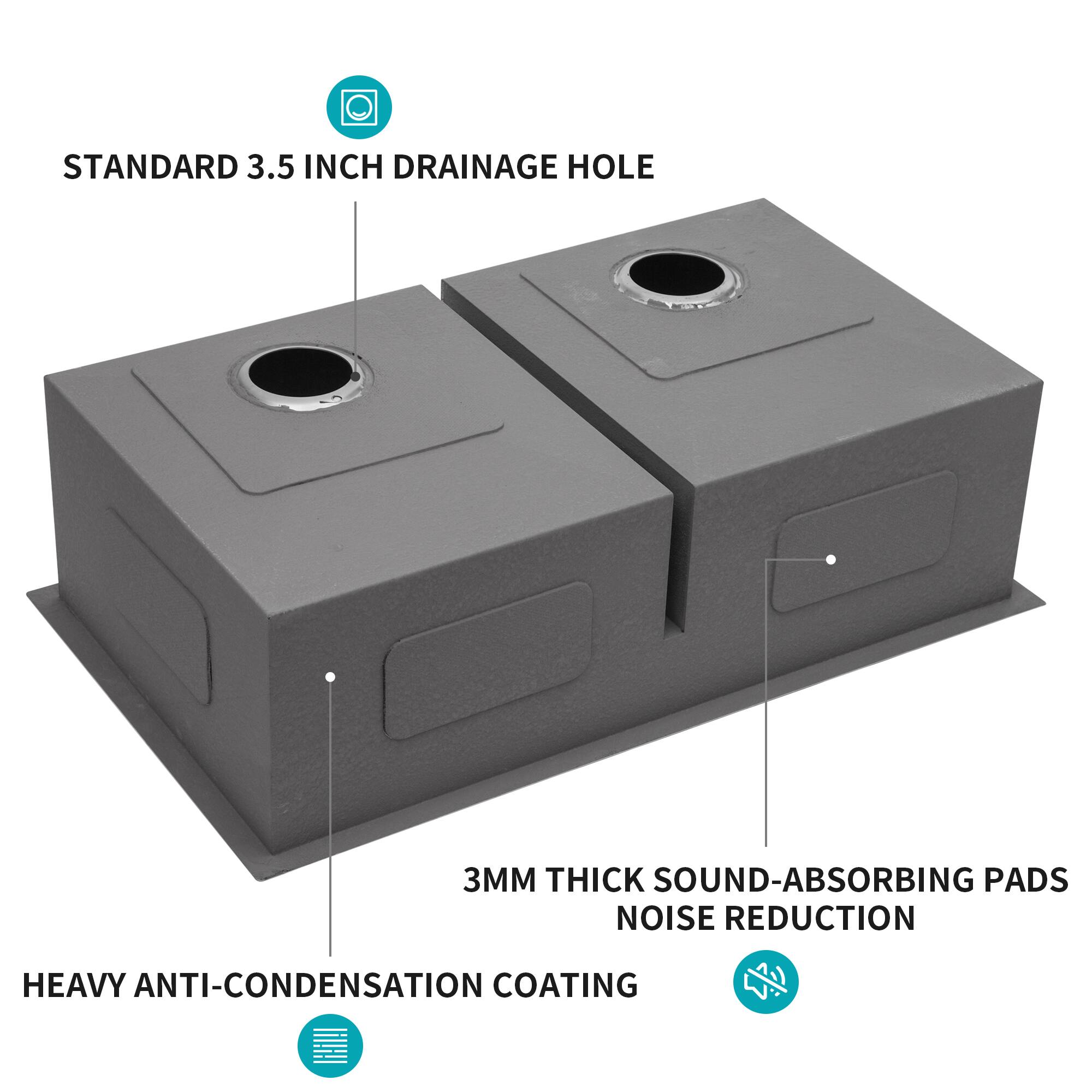 STANDARD 3.5 INCH DRAINAGE HOLE  
3MM THICK SOUND-ABSORBING PADS  
NOISE REDUCTION  
HEAVY ANTI-CONDENSATION COATING