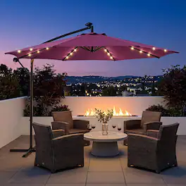 LAUSAINT HOME - 10 ft Offset Patio Umbrella LED Lights Cantilever Outdoor Easy Tilt Crank Deck Poolside Backyard - Purple
