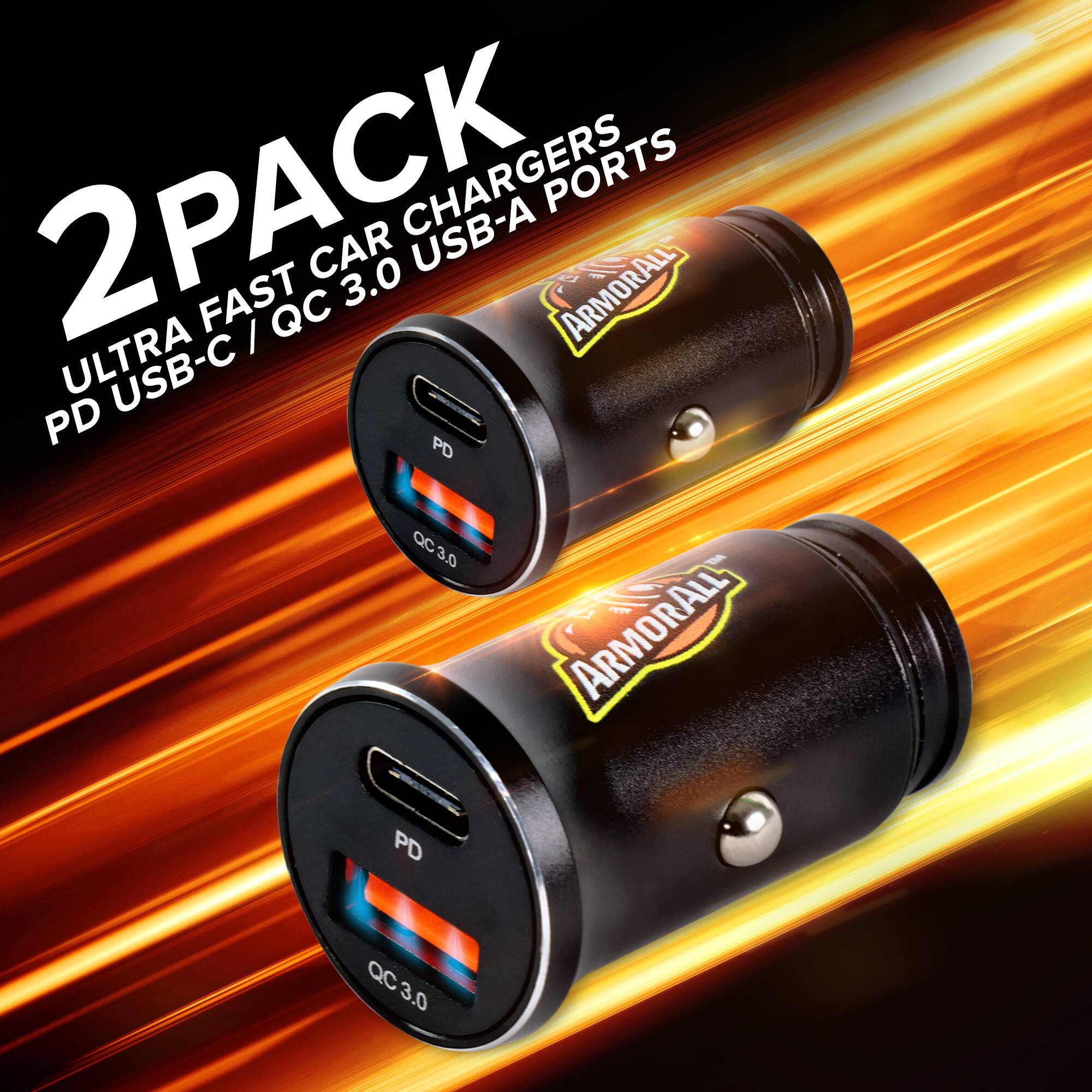 2PACK ULTRA FAST CAR CHARGERS PORTS CAR USB-A - FAST 3.0 ARMORALL PD USB-C / QC 3.0 USB-A