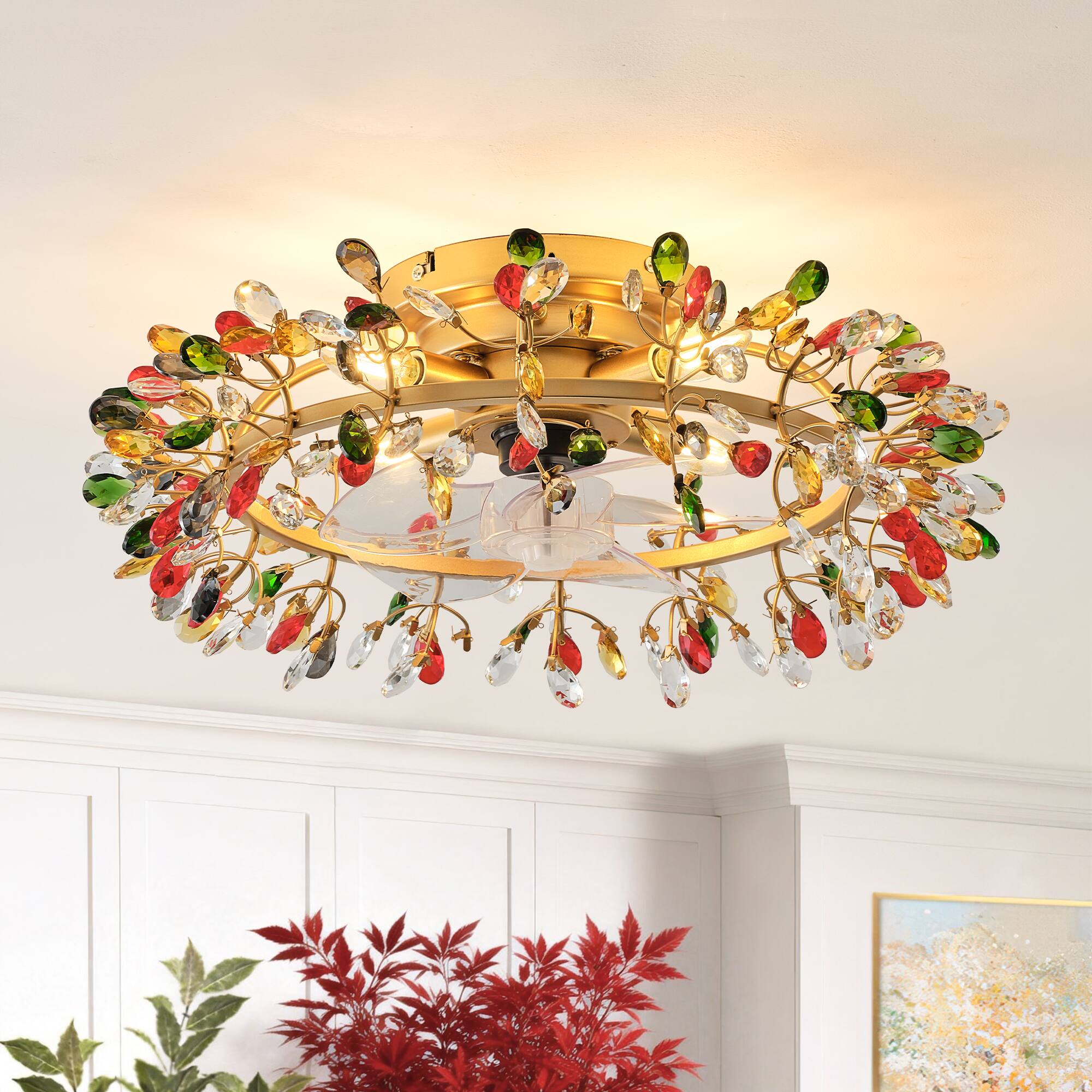 Alt View 1. Parrot Uncle - Modern American Colourful Crystal Flush Mount Chandelier Ceiling Fan with Remote and Retractable Blades - Gold.