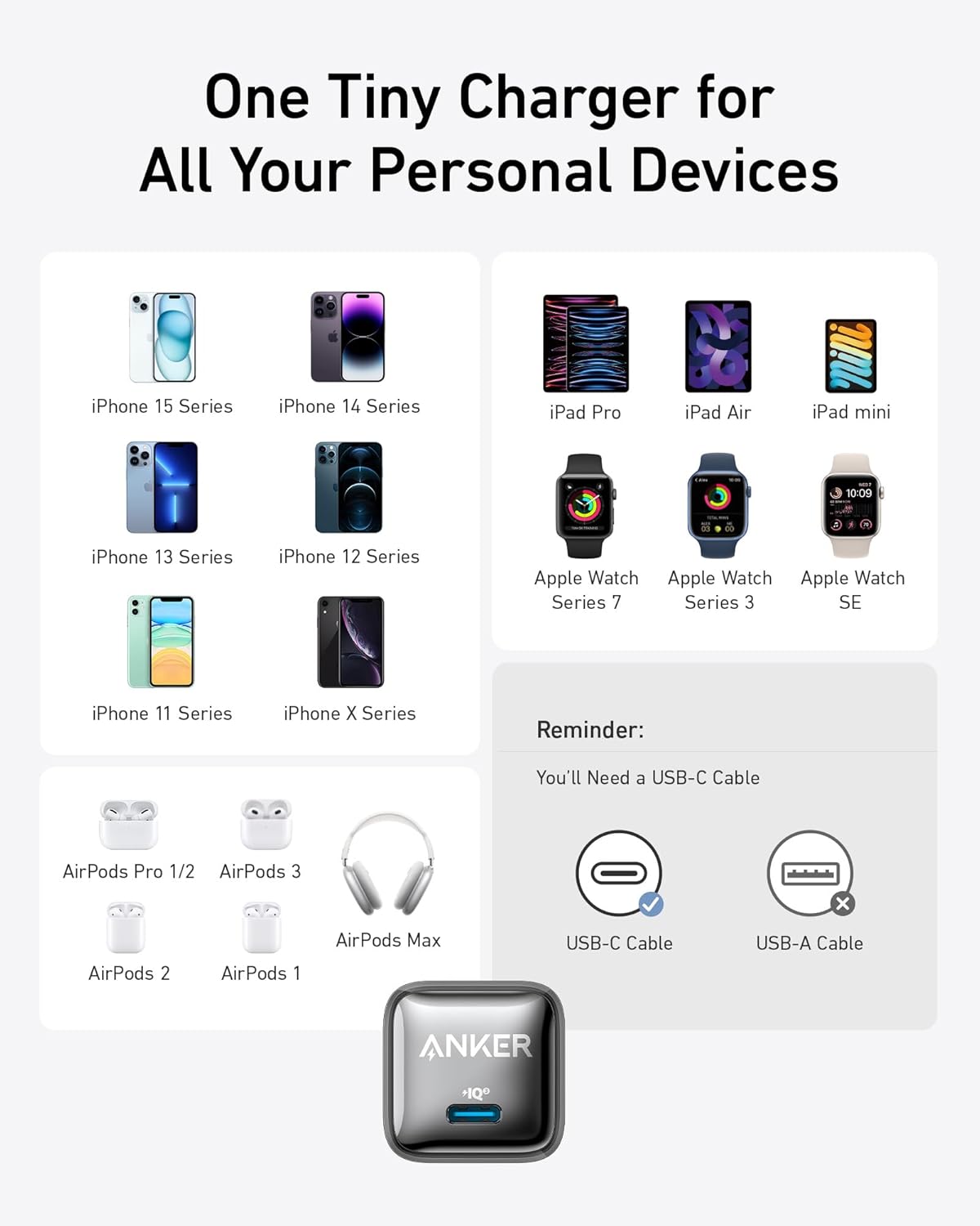 One Tiny Charger for All Your Personal Devices

iPhone 15 Series  
iPhone 14 Series  
iPhone 13 Series  
iPhone 12 Series  
iPhone 11 Series  
iPhone X Series  

iPad Pro  
iPad Air  
iPad mini  

Apple Watch Series 7  
Apple Watch Series 3  
Apple Watch SE  

AirPods Pro 1/2  
AirPods 3  
AirPods 2  
AirPods 1  
AirPods Max  

Reminder:  
You'll Need a USB-C Cable  

USB-C Cable  
USB-A Cable  

ANKER +1Q